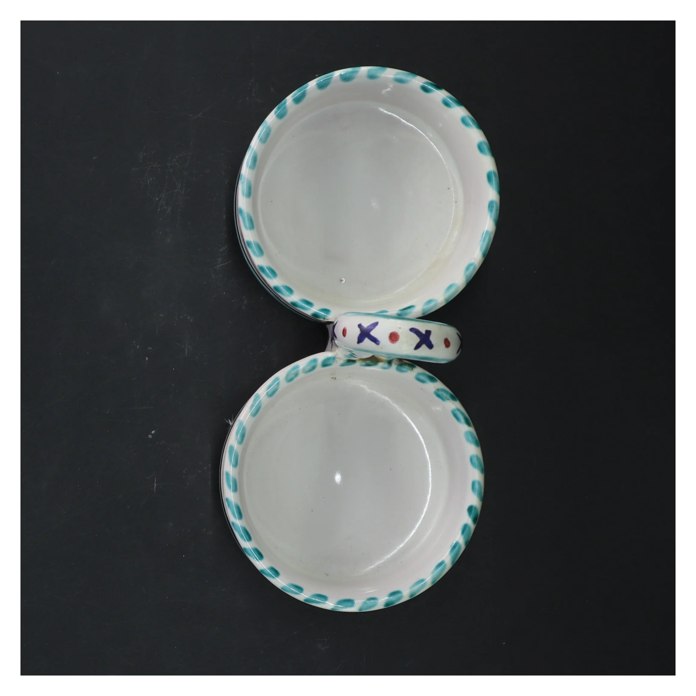 Keramisk dobbelt skål med håndtag (str. 19,5x9x15 cm)