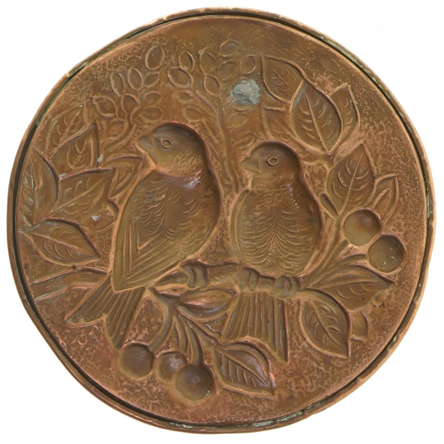 Rund kobberplade med fugle motiv (str. 18 cm)