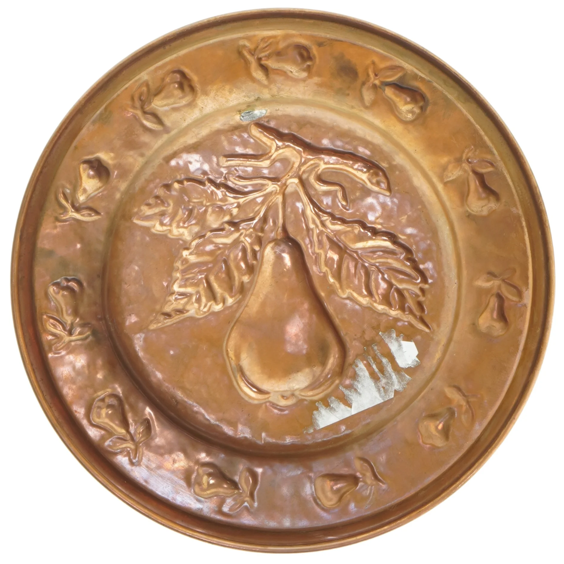 Kobber væg ophængt fad med pære motiv (str. Ø 24x1 cm)