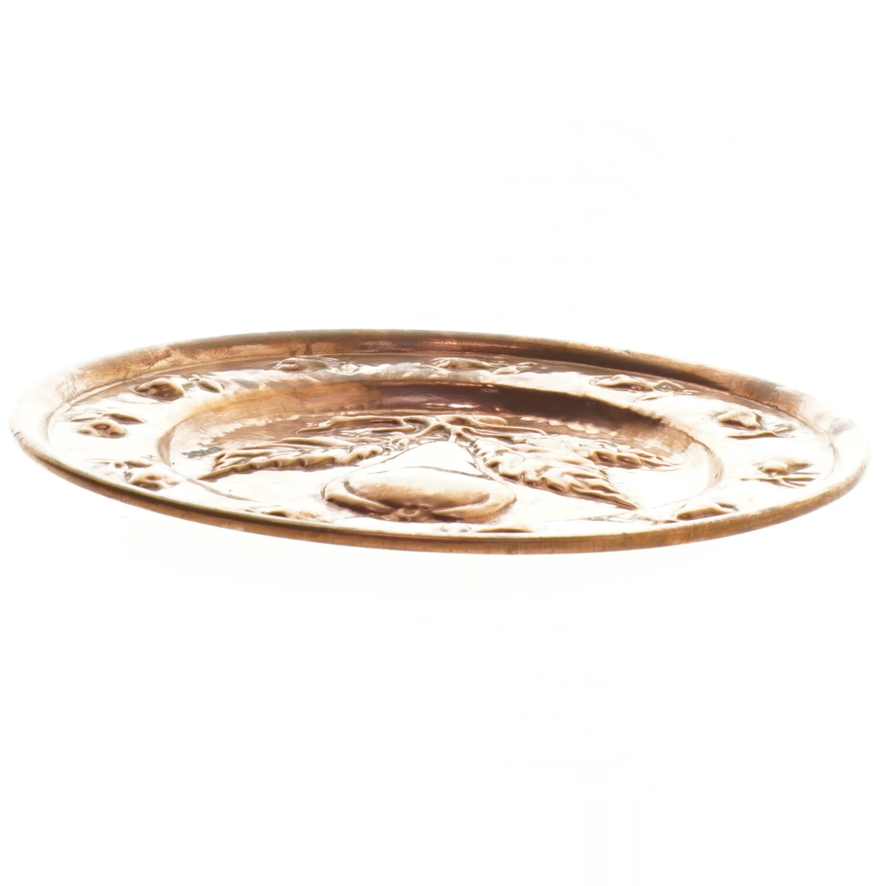 Kobber væg ophængt fad med pære motiv (str. Ø 24x1 cm)