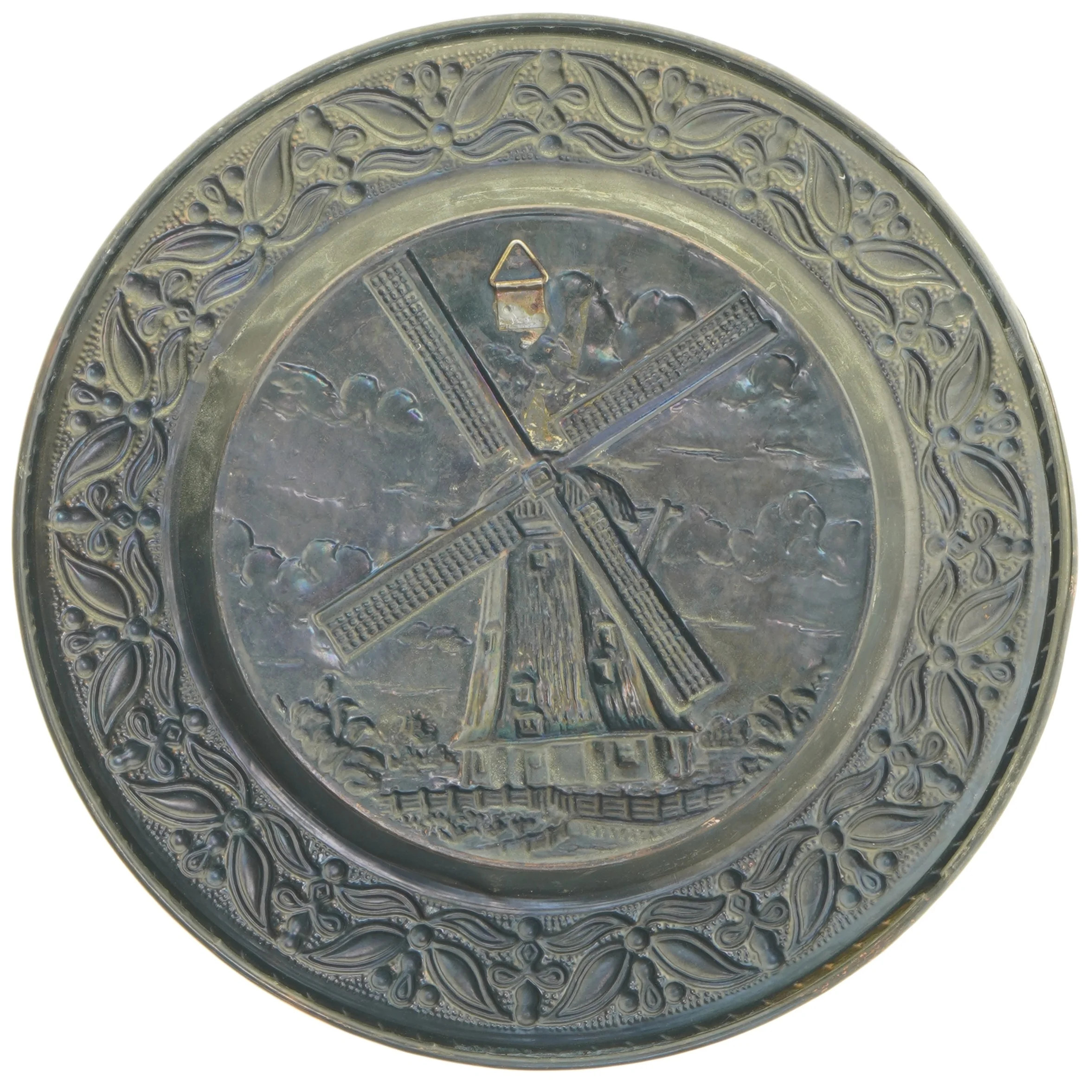 Dekorativ kobber vægophæng med vindmølle motiv (str. Ø 30x2 cm)