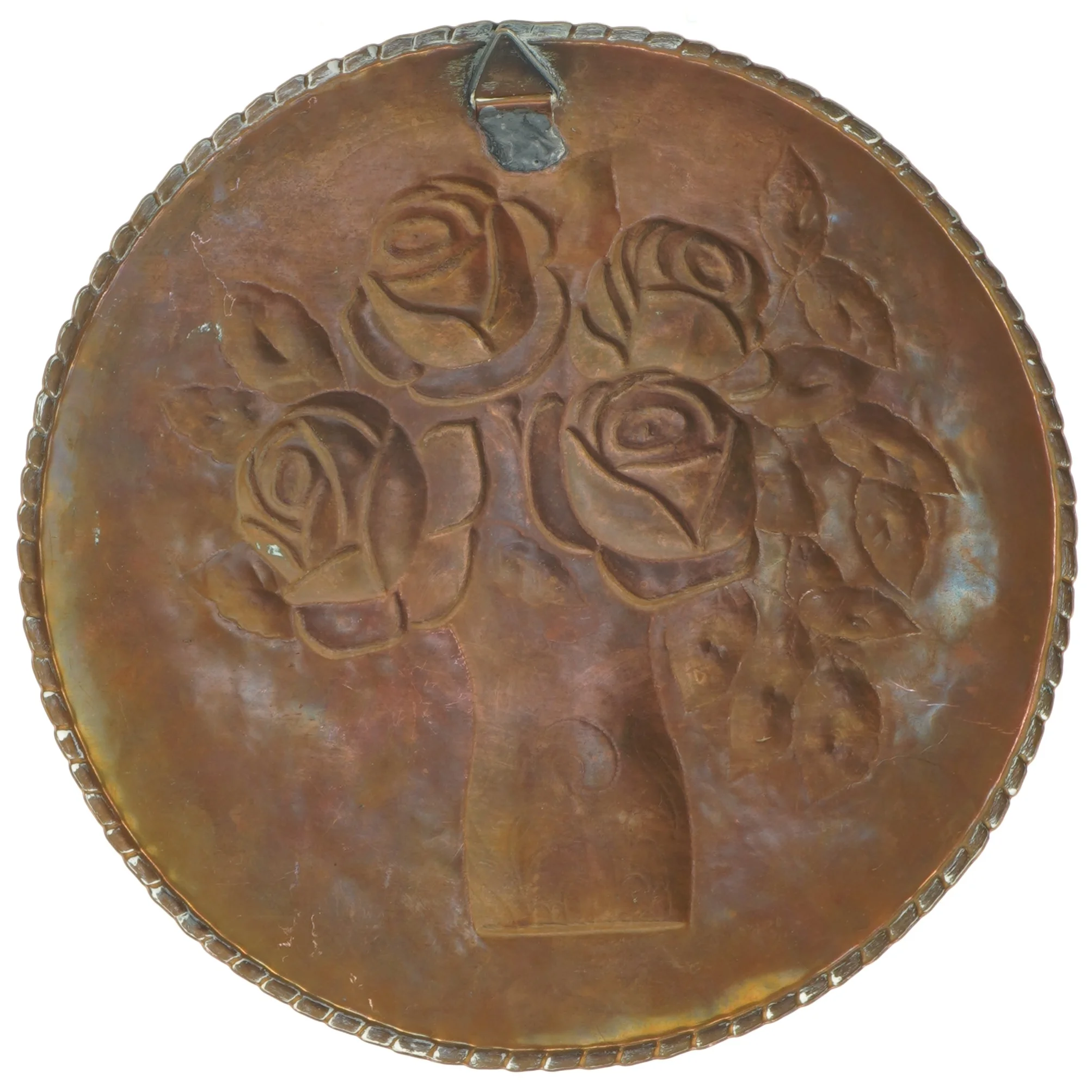 Dekorativt kobber væg ophæng med blomstermotiv (str. Ø 25,5x1 cm)