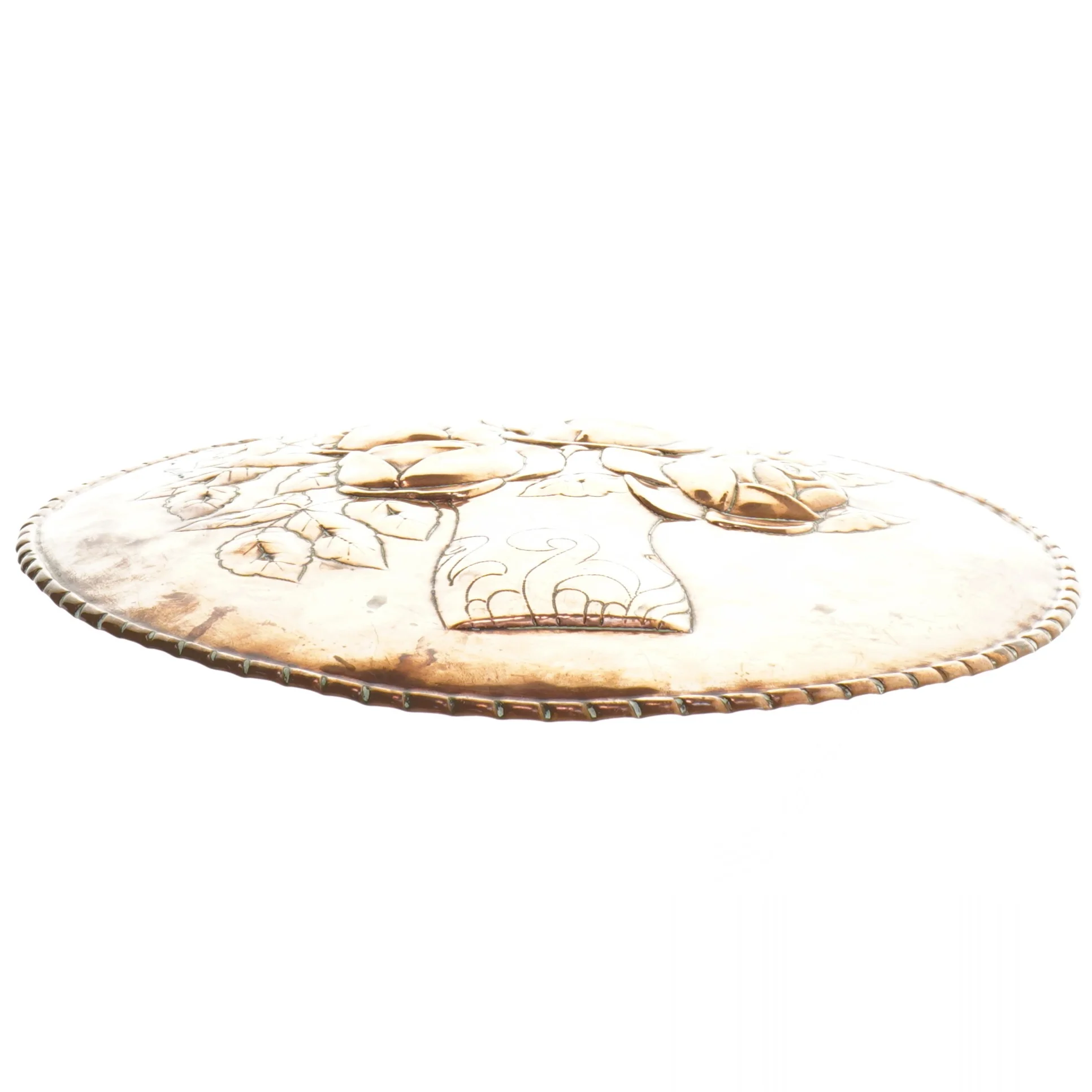 Dekorativt kobber væg ophæng med blomstermotiv (str. Ø 25,5x1 cm)