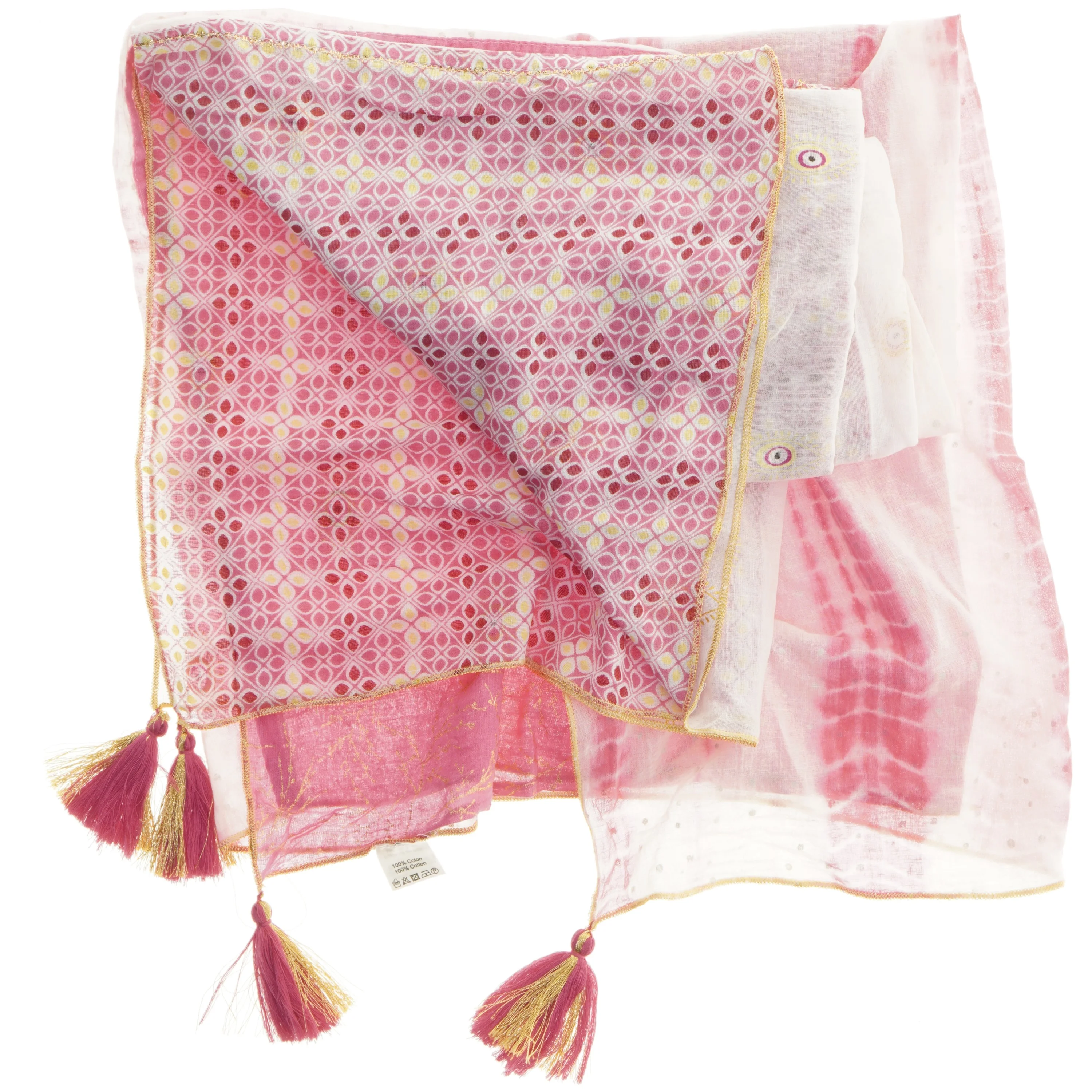 Pink t&oslash;rkl&aelig;de med m&oslash;nster og kvaster (str. 172x140 cm)