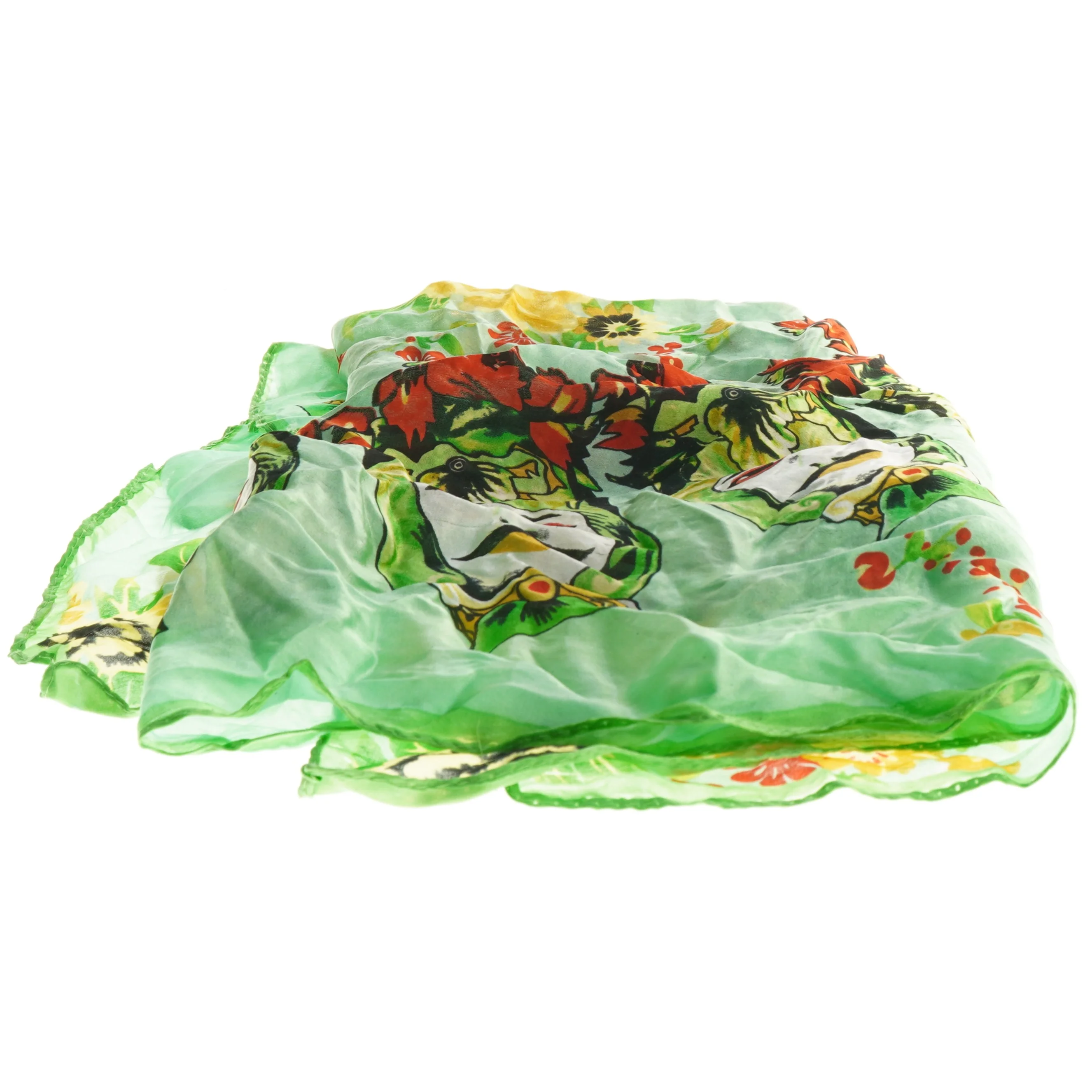 Grøn tørklæde med farverigt mønster (str. 80x80 cm)