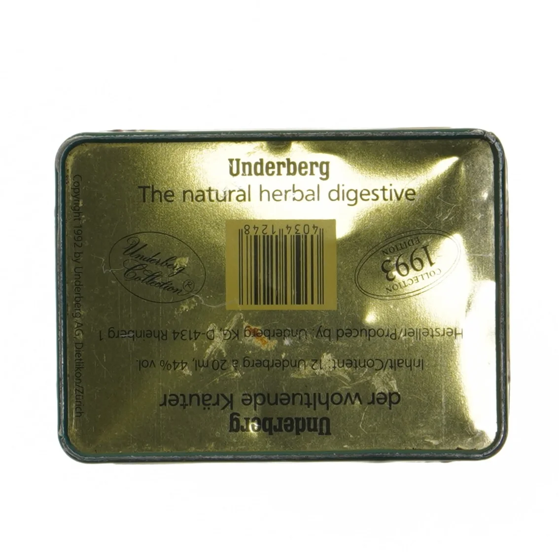 Retro Underberg metalæske fra 1993 (str. 11,5x12 cm)