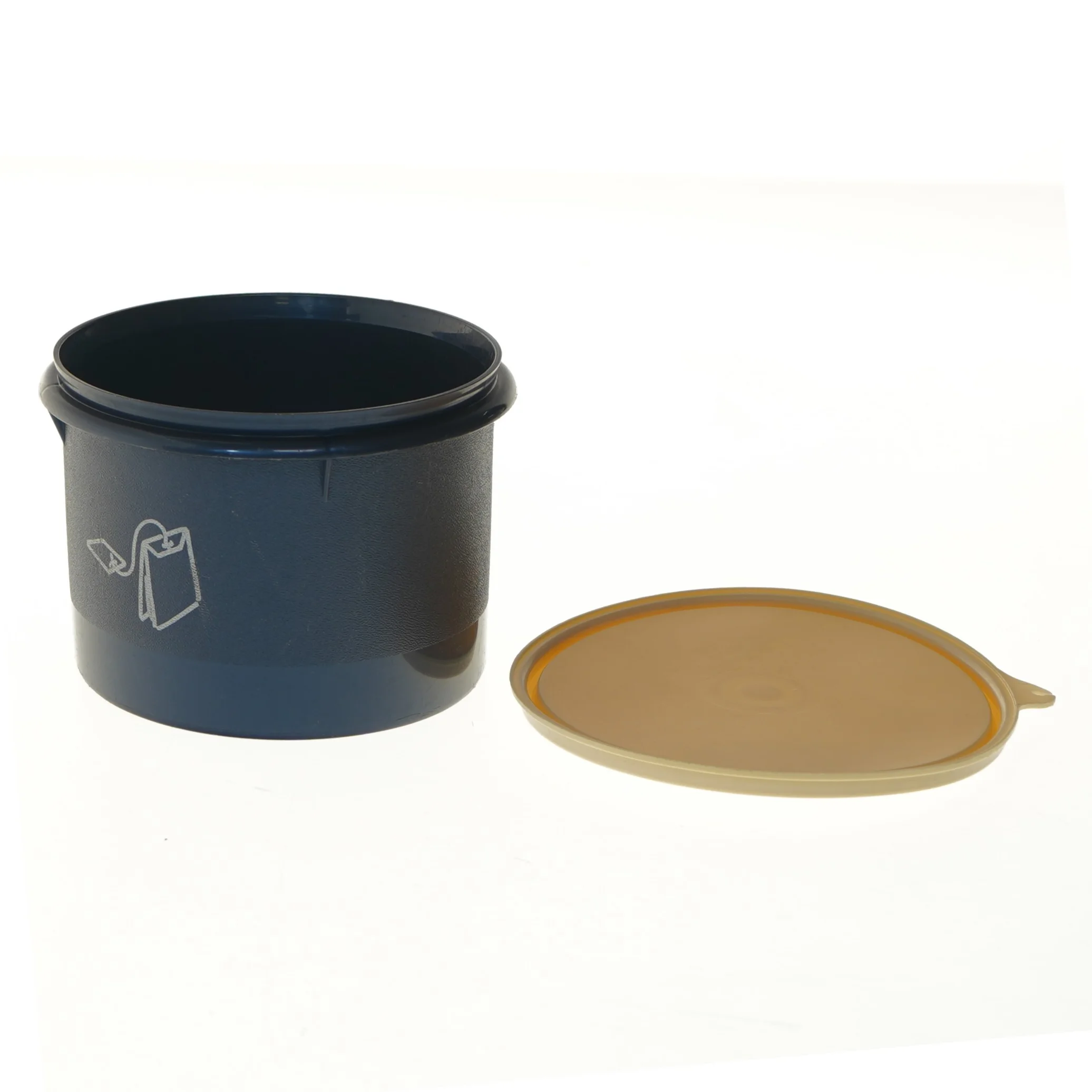 Plastikbeholder med låg fra Tupperware (str. Ø 14 cm længde 10,5 cm)