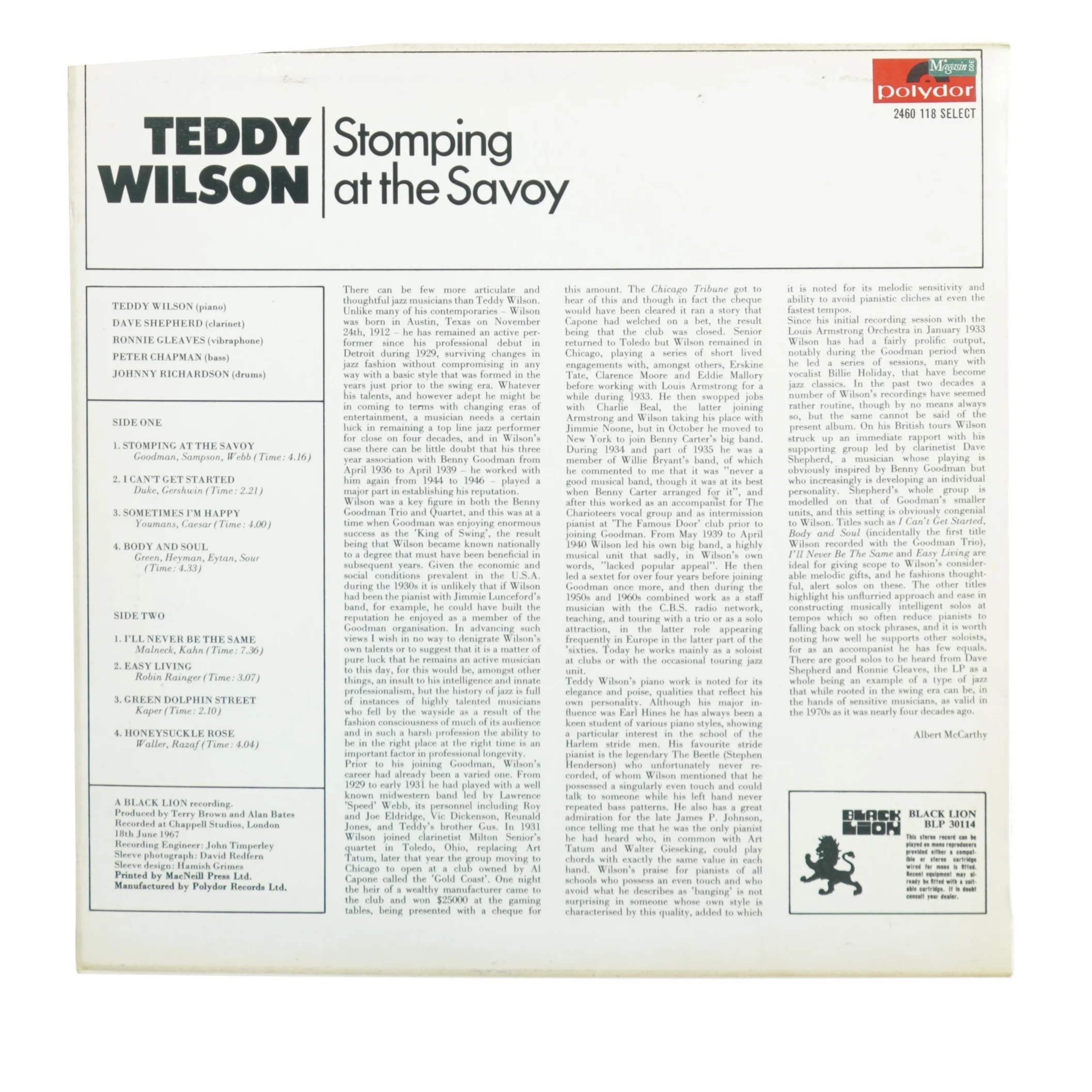 Teddy Wilson - Stomping at the Savoy LP fra Polydor Records (str. 30 cm)