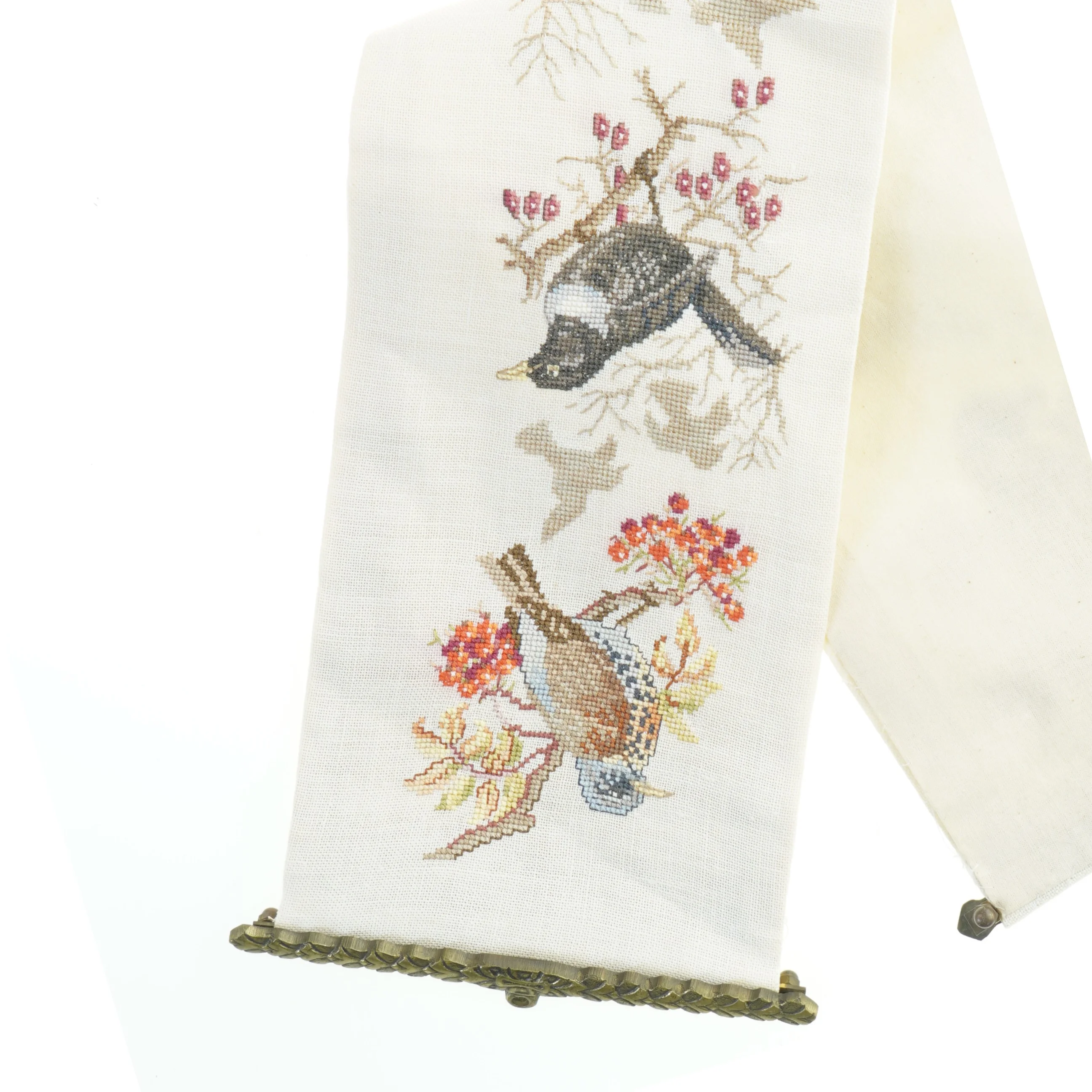 Broderet vægophæng med fuglemotiv (str. 60 cm)