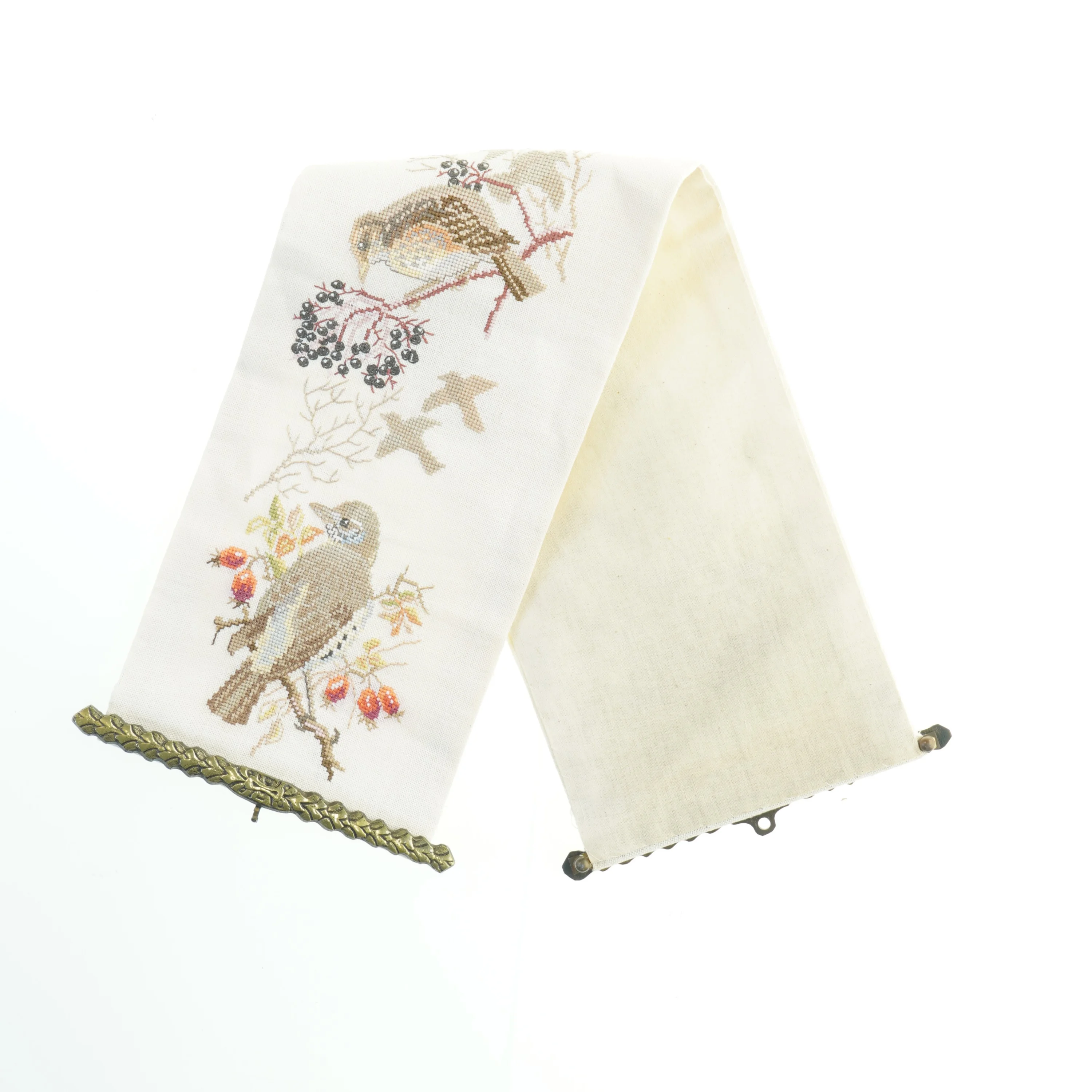Broderet vægophæng med fuglemotiv (str. 60 cm)