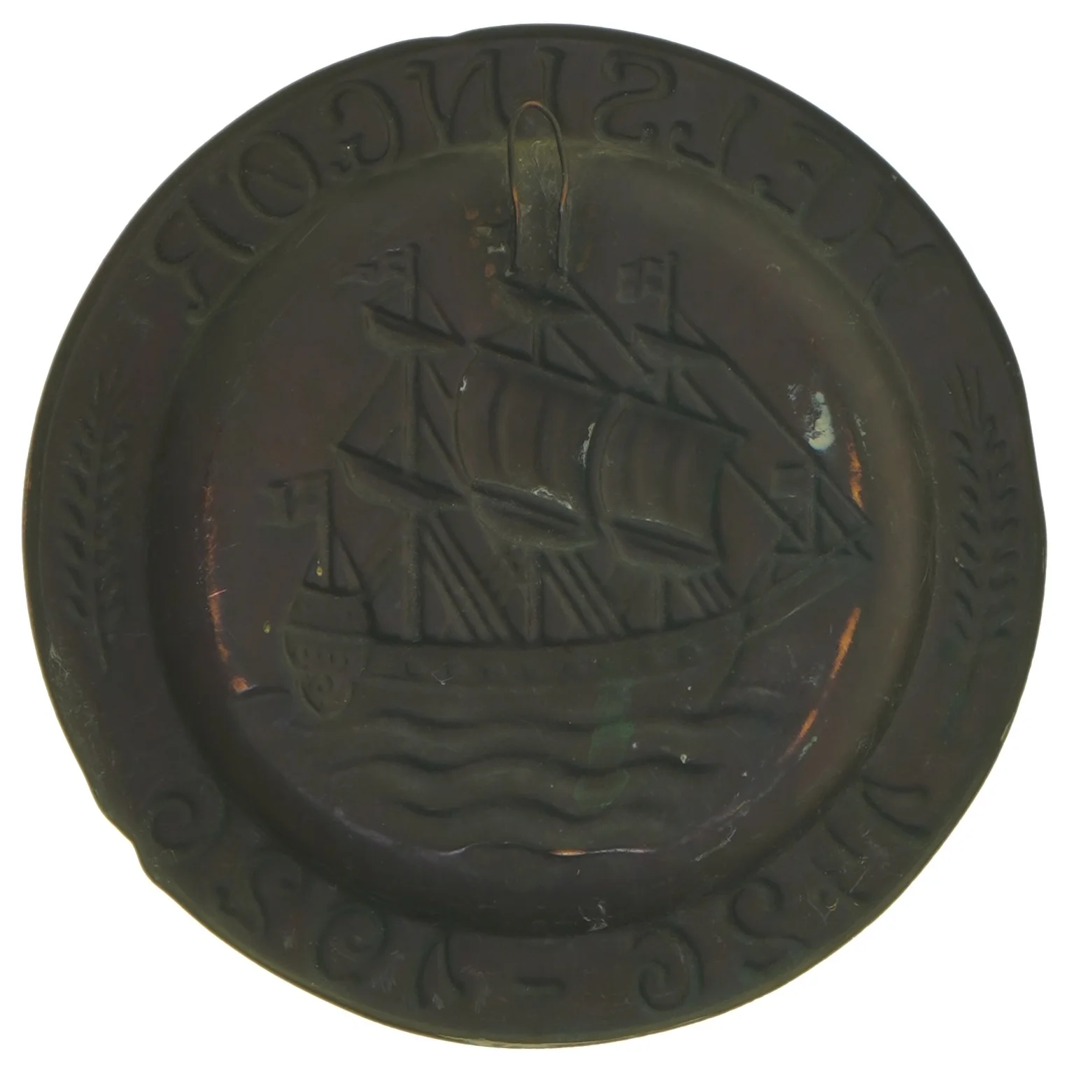 Dekorativ helsingør 500 års jubilæums platte i messing med skibsmotiv (str. Ø 17,5 cm)