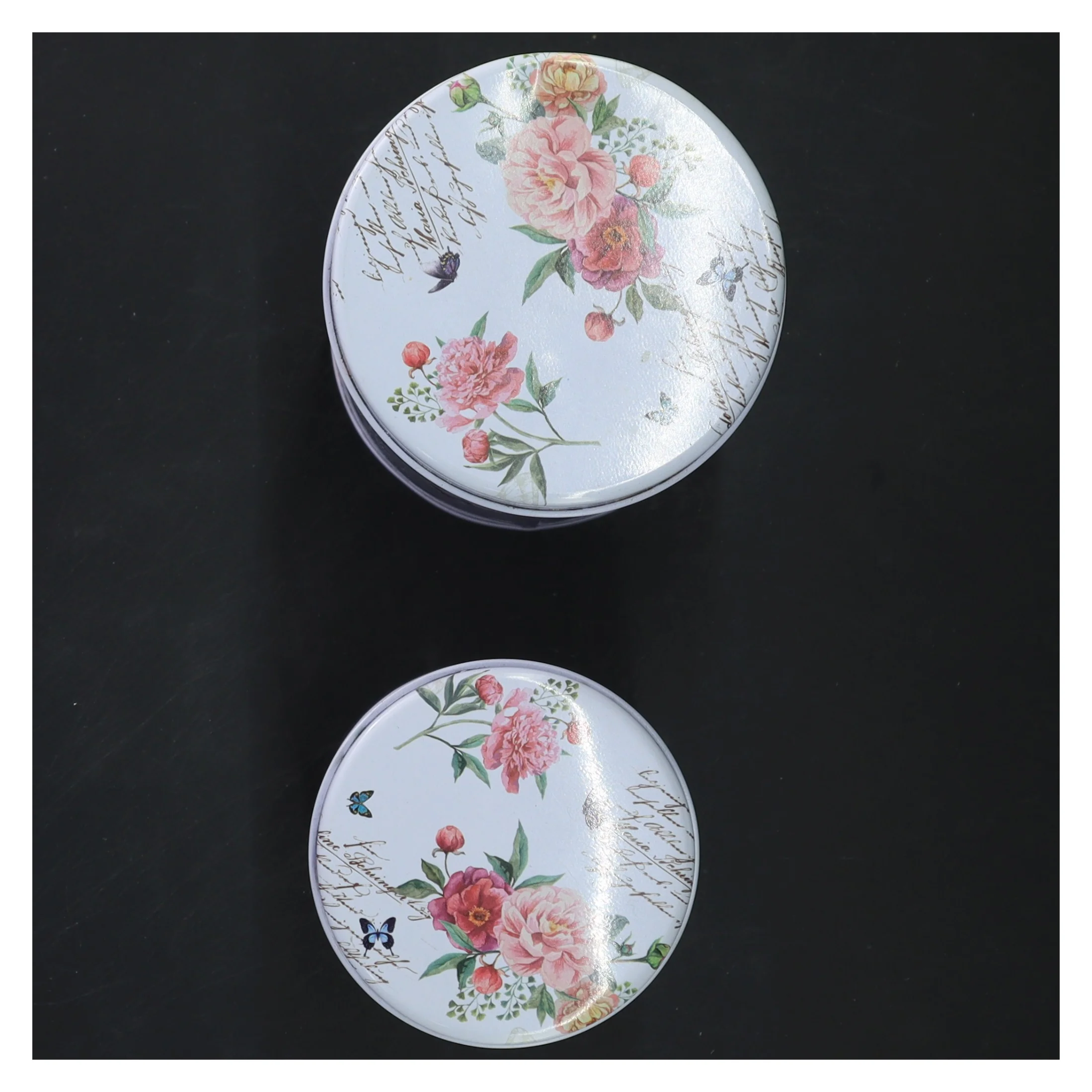 Æske med blomstermotiv, 2 stk. (str. Ø 9x12,5&ø8x11 cm)