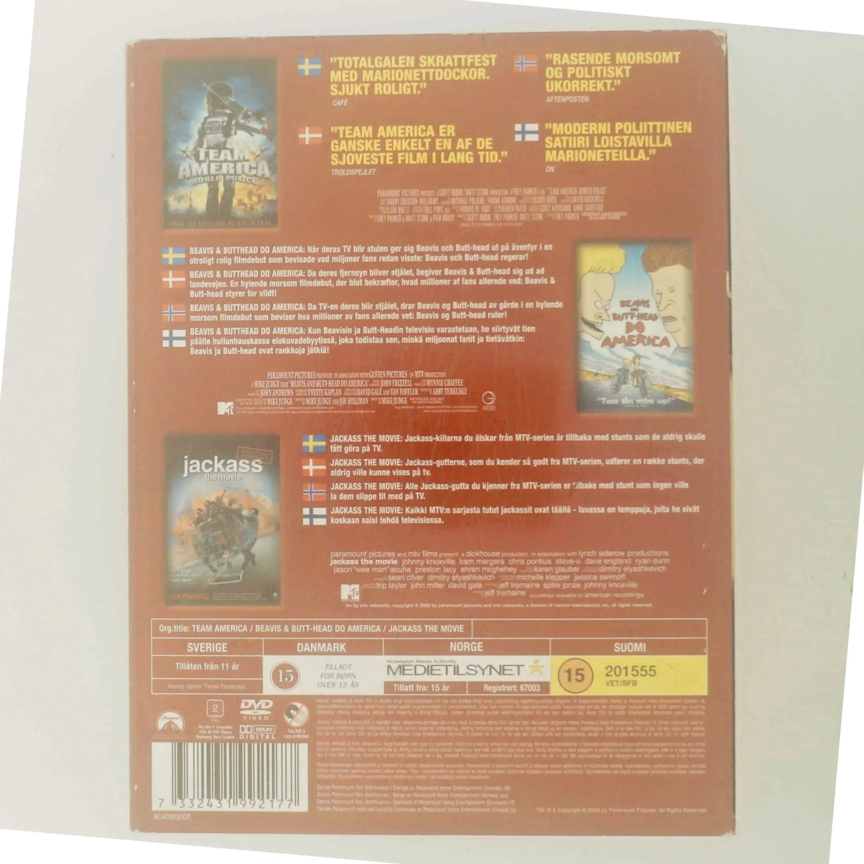 Team America / Beavis and Butt-head Do America / Jackass the Movie med Team America: Trey Parker, Beavis and Butt-head Do America: Mike Judge, Jackass the Movie: Johnny Knoxville (DVD)