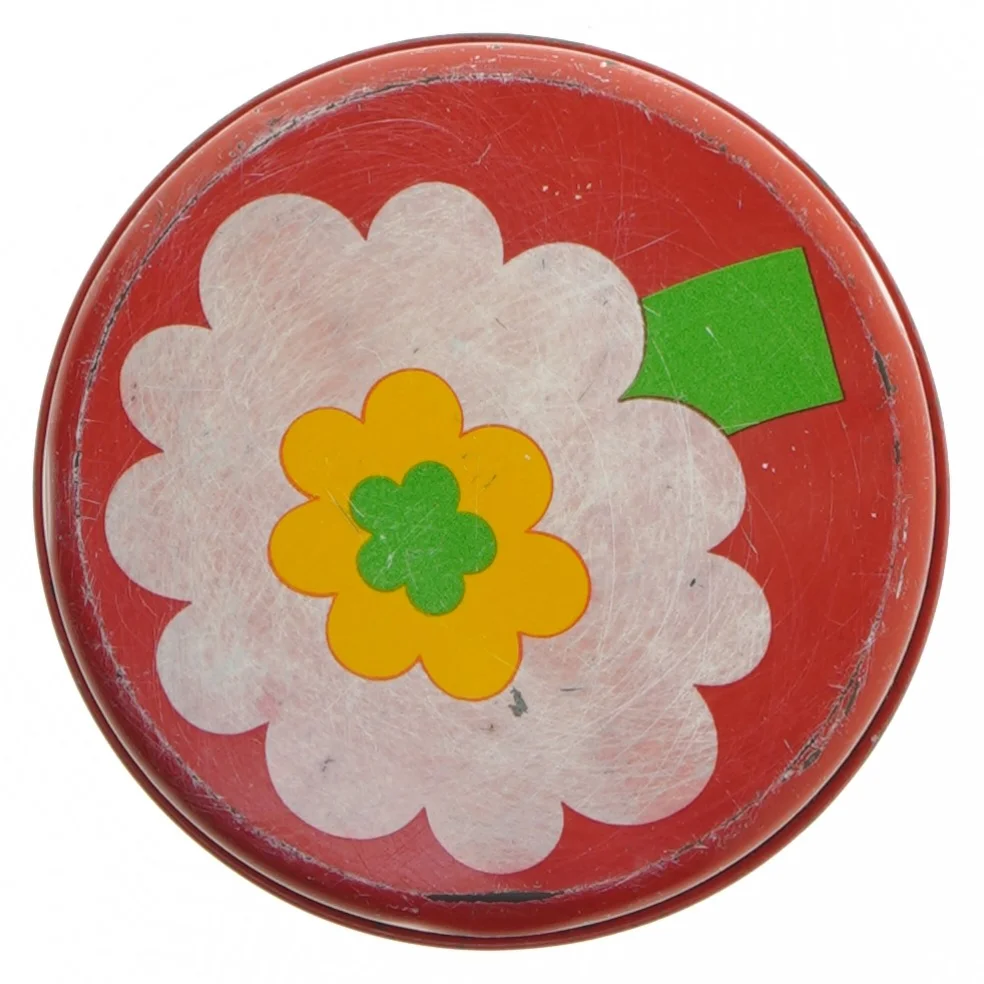 Retro dåse i metal med blomster fra Lundtofte, Copenhagen Denmark (str. Ø 10,5 cm højde 13 cm)