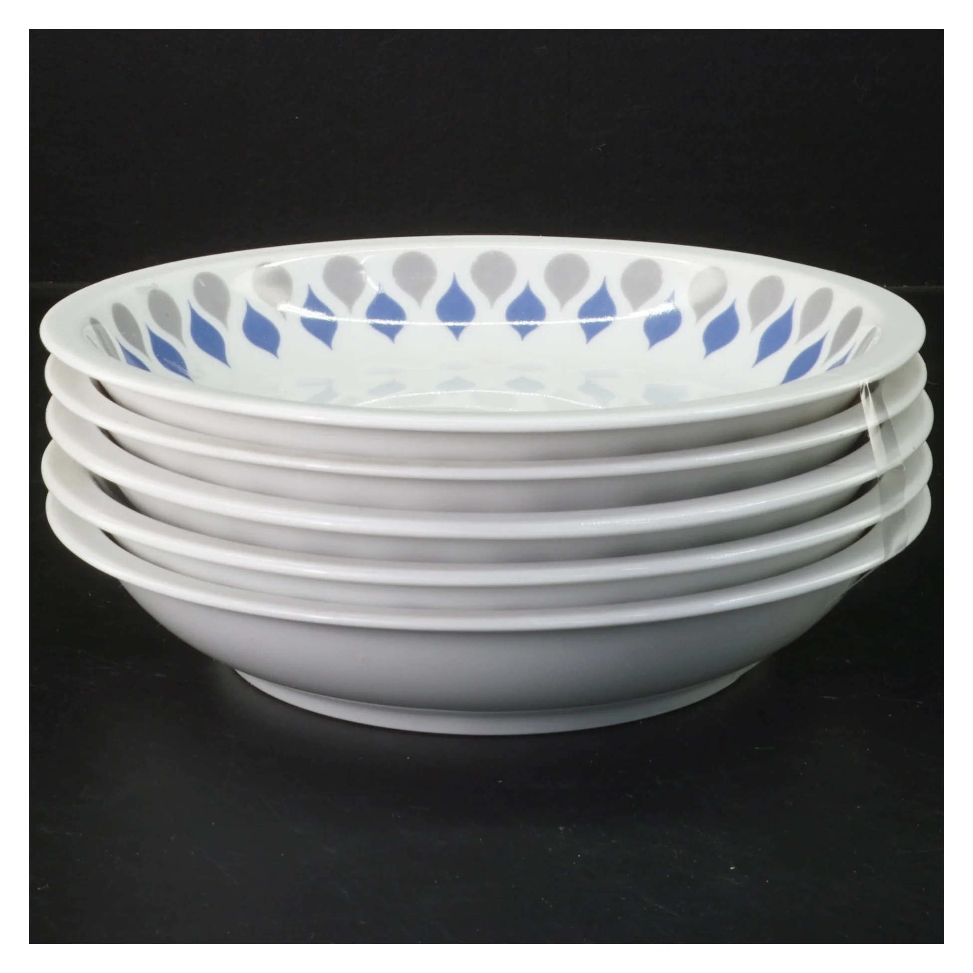 Blå dråbe fra lyngby poecelæn .Sæt med 5 dybe  tallerkener (str. 5 styk, ø 20,5 cm)
