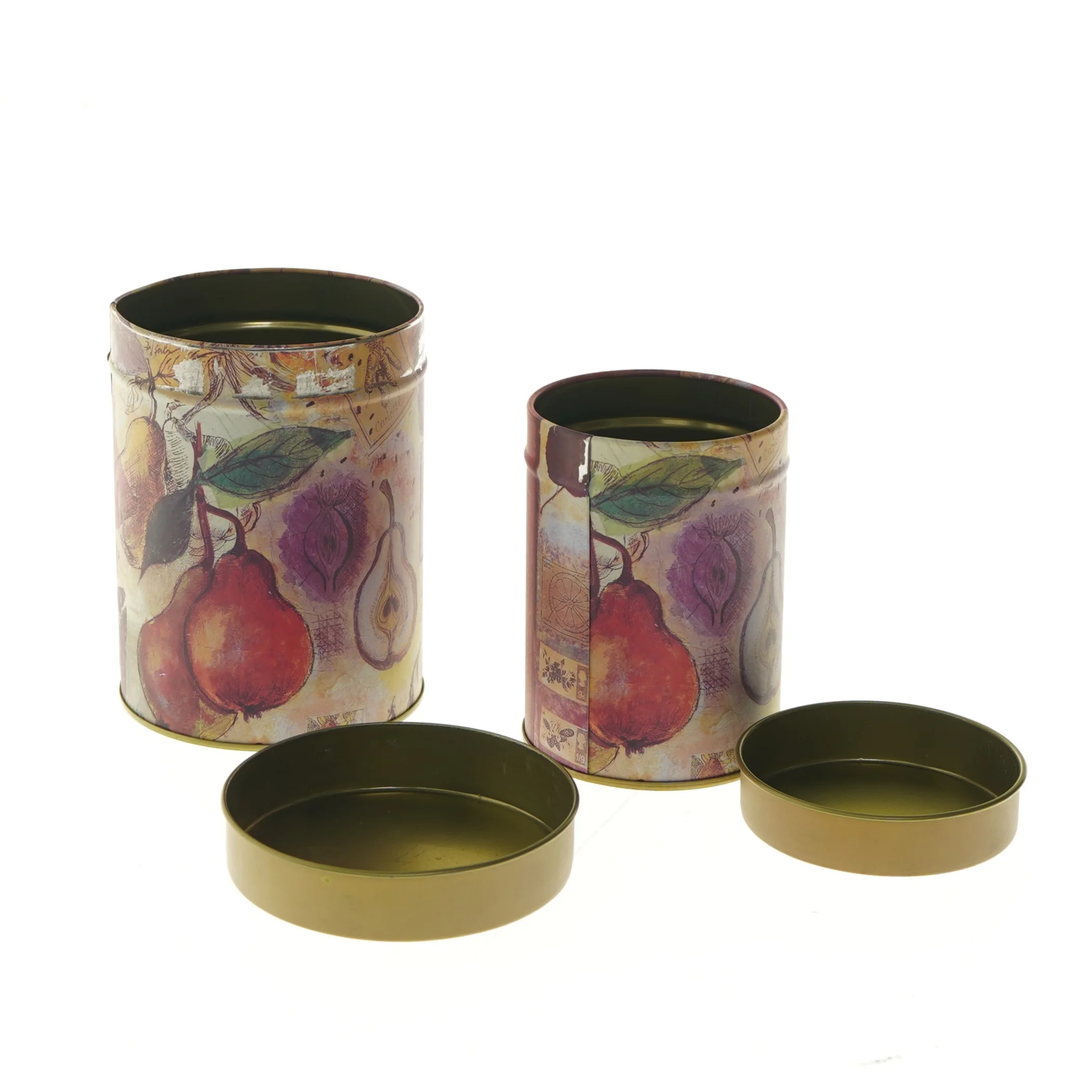 Sæt af dekorerede metalbeholdere (str. Ø 9,5x13 og Ø 8x10 cm)