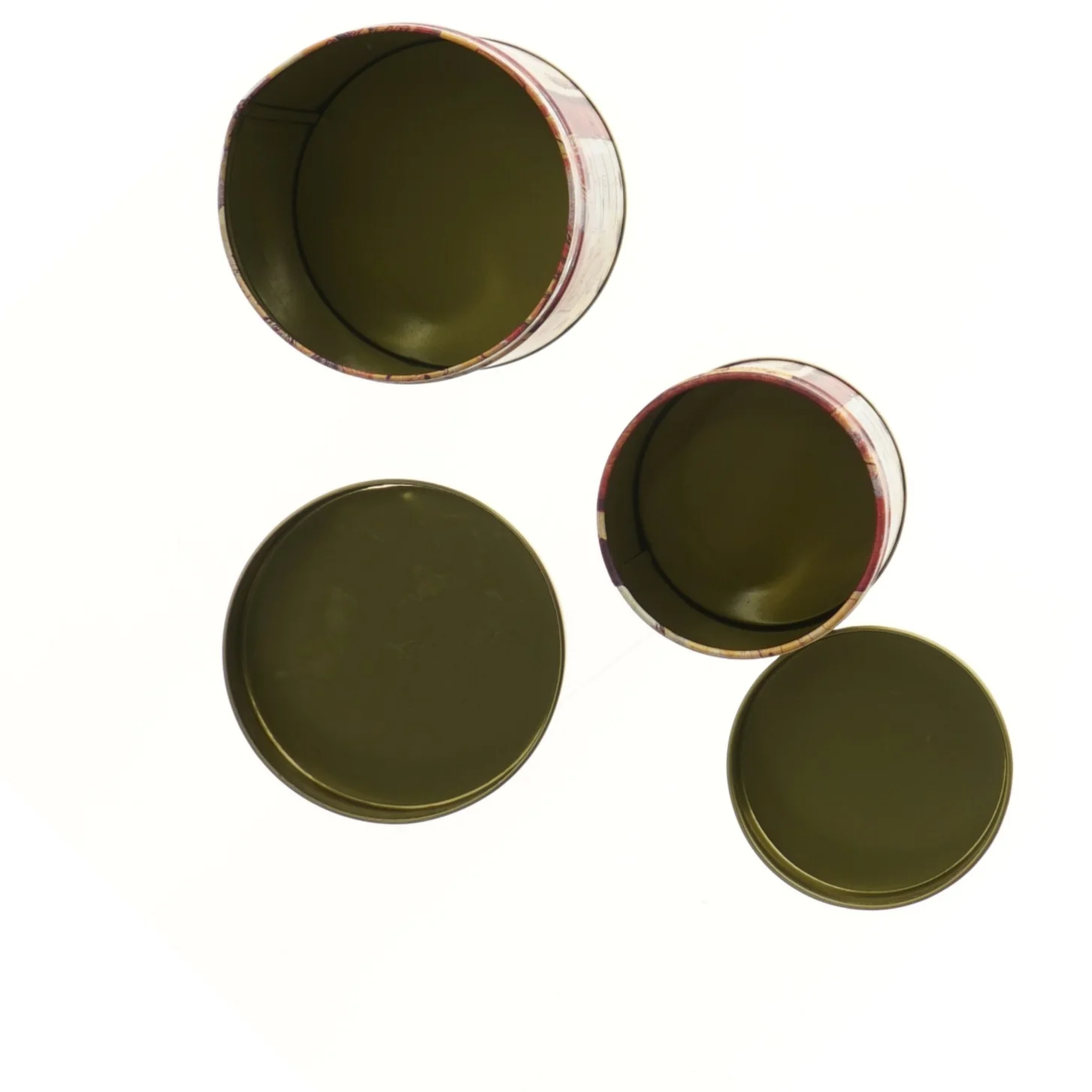 Sæt af dekorerede metalbeholdere (str. Ø 9,5x13 og Ø 8x10 cm)