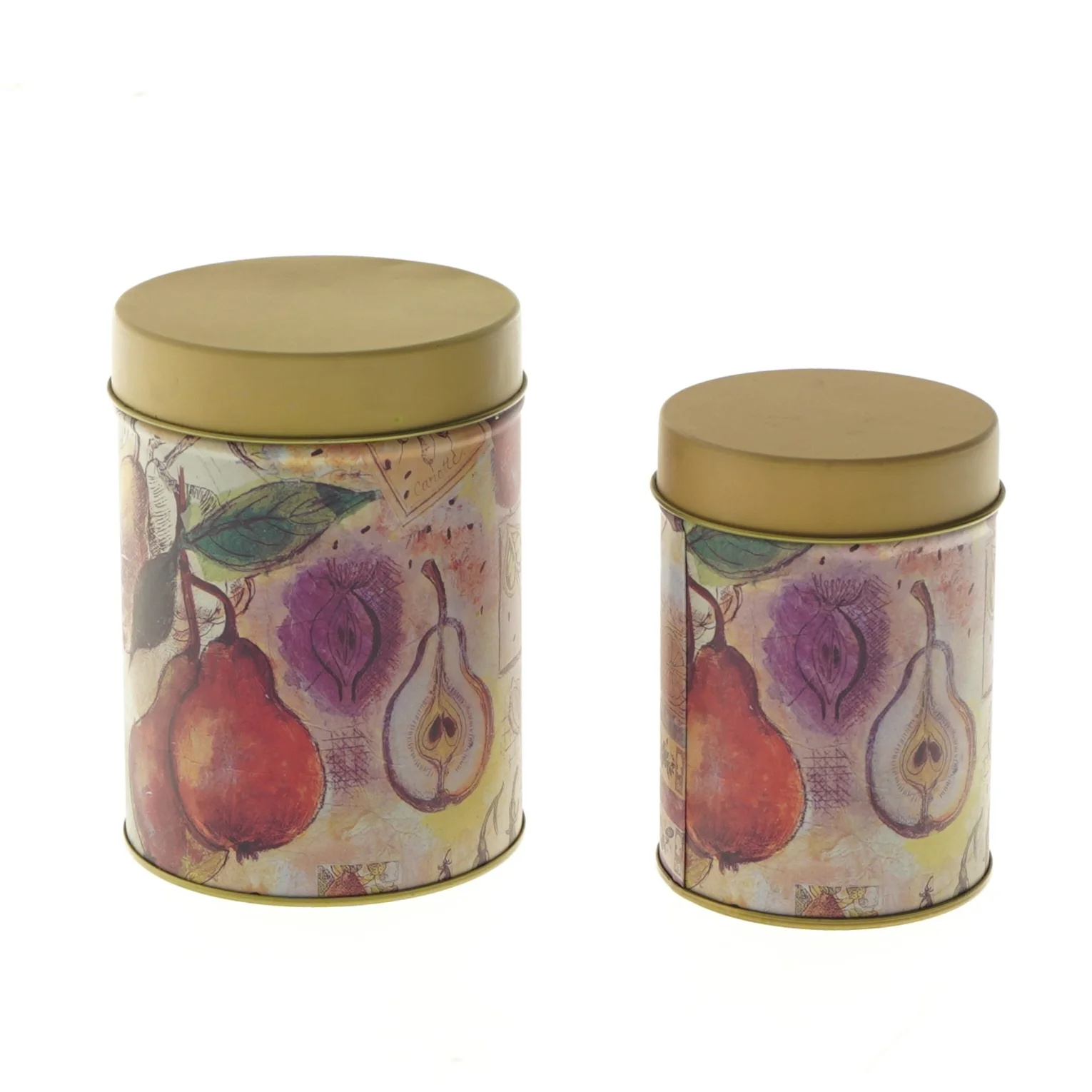 Sæt af dekorerede metalbeholdere (str. Ø 9,5x13 og Ø 8x10 cm)