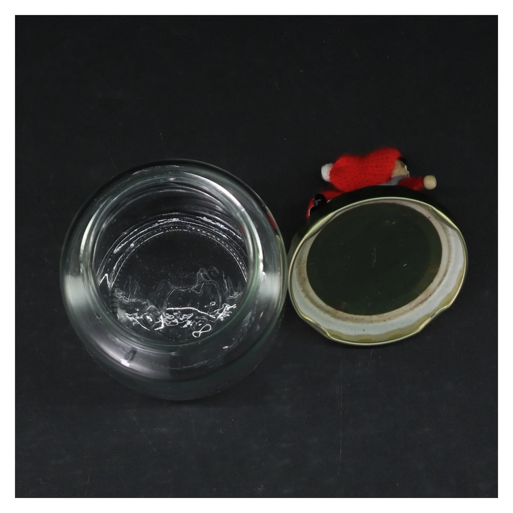 Glasbeholder med juledekoration (str. Ø. 8 cm. længde, 9,5 cm)