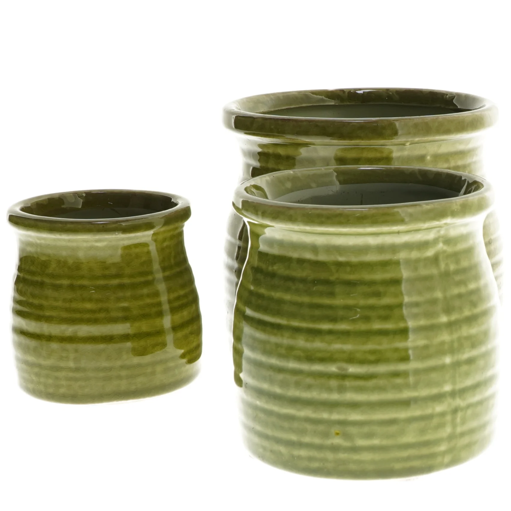 Sæt af grønne keramiske potter (str. Ø 12,5x11 cm og Ø 9,5x10 cm og Ø7,5x7,5 cm)