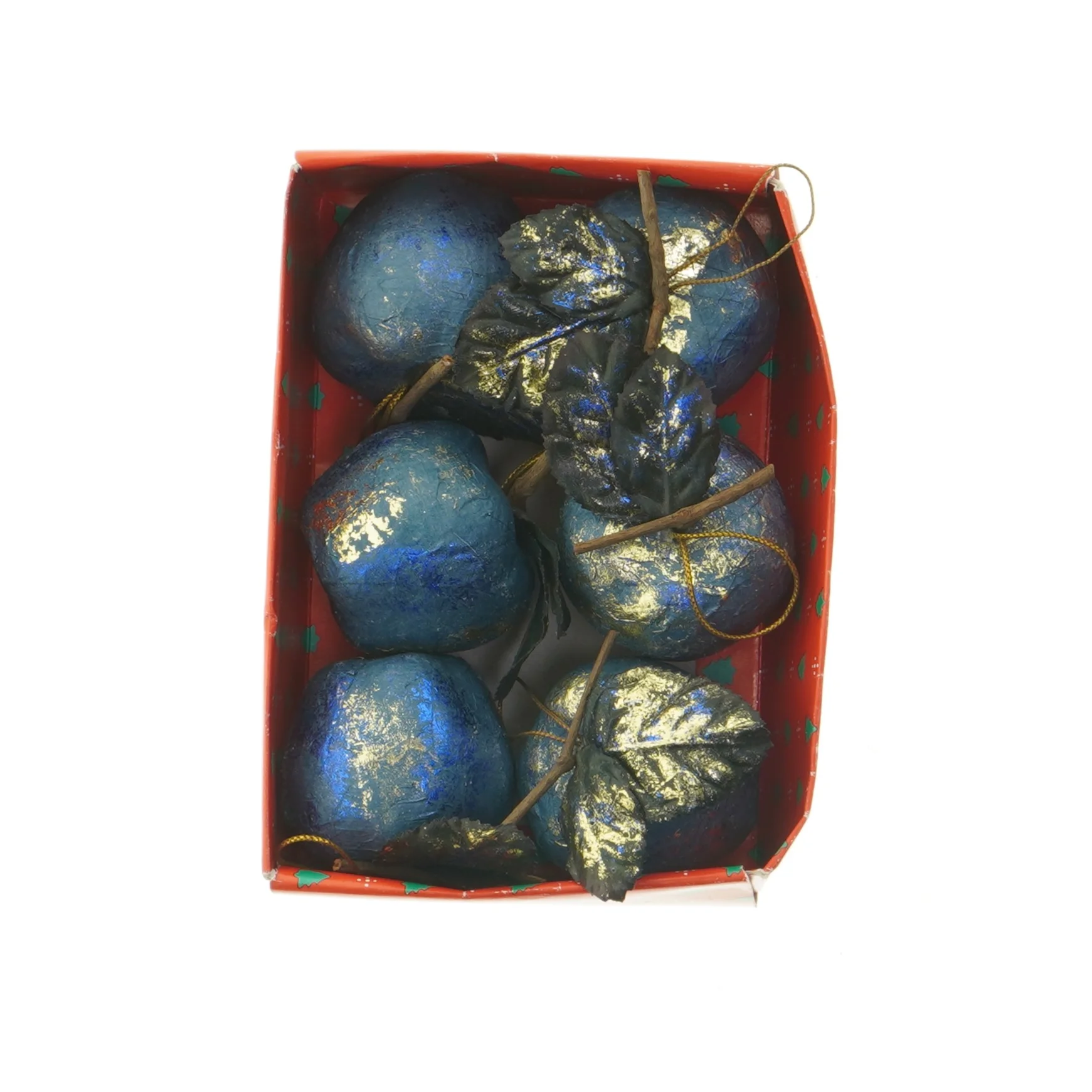 6 Dekorative blå og guldæbler i kasse (str. 6 styk)
