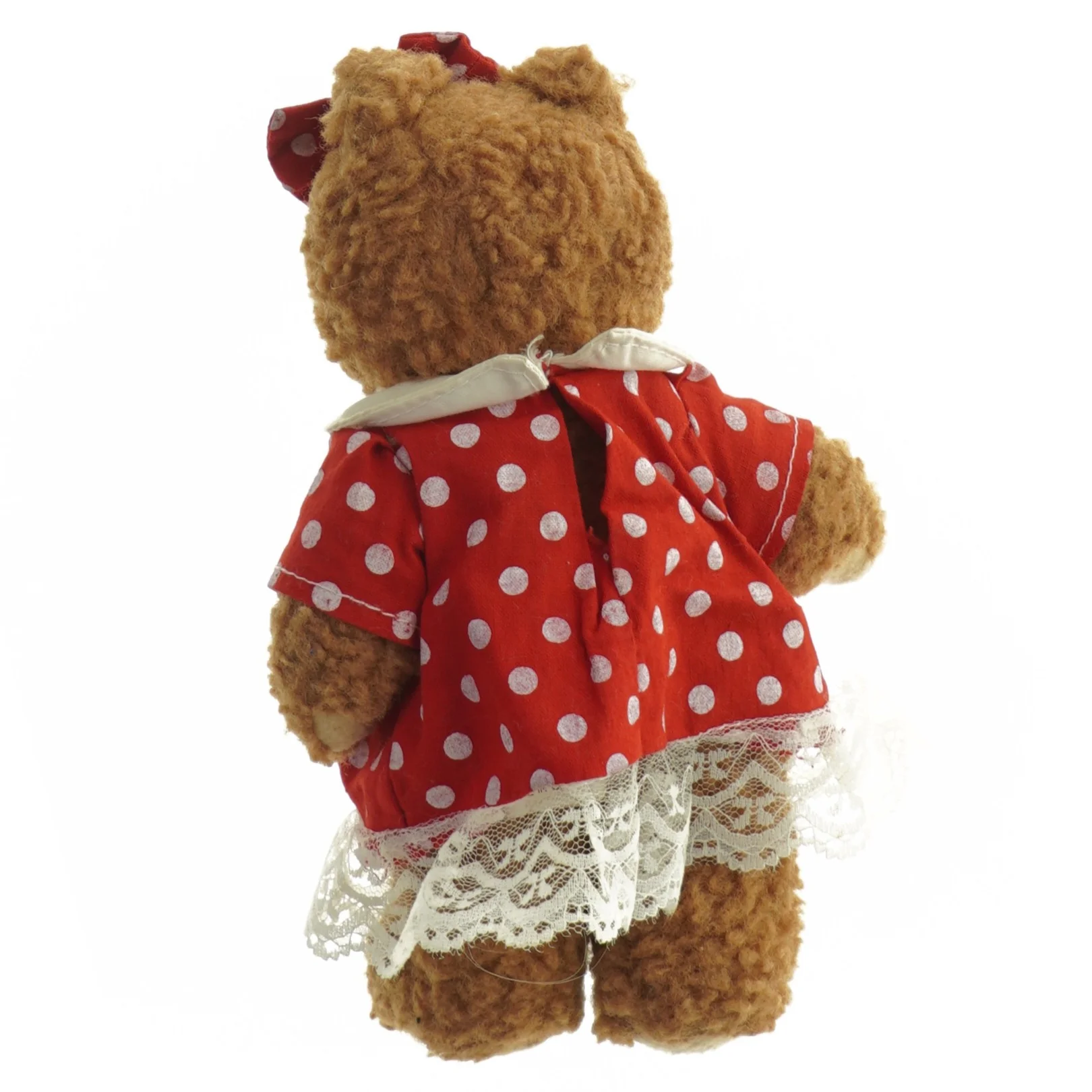 Teddy bamse med rød prikket kjole (str. 20 cm)