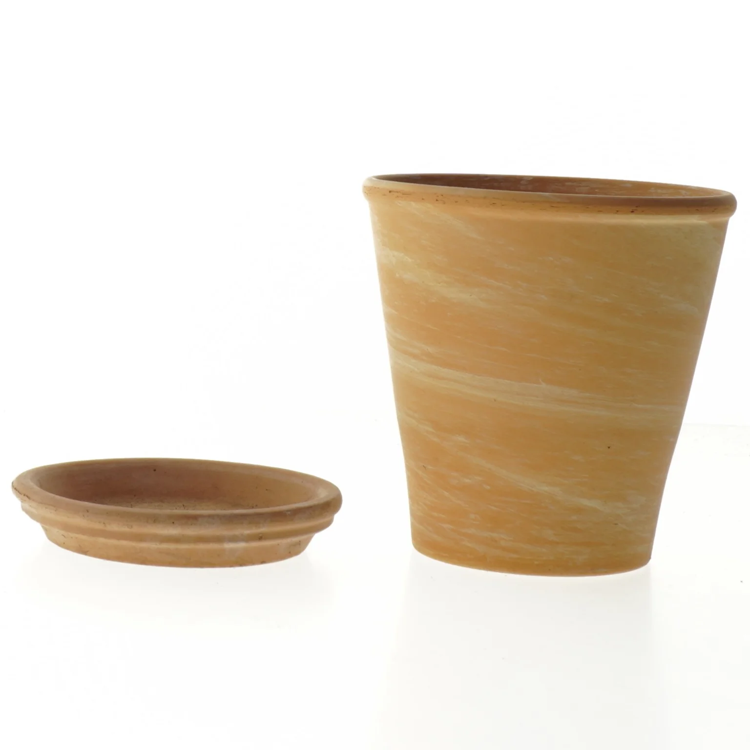 Terrakotta blomsterpotte med underskål (str. Ø. 12 cm. længde, 12,5 cm)