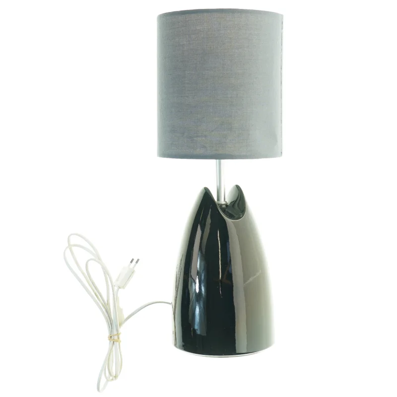 Bordlampe med grå stofskærm og sort fod (str. 48 x 18 cm)