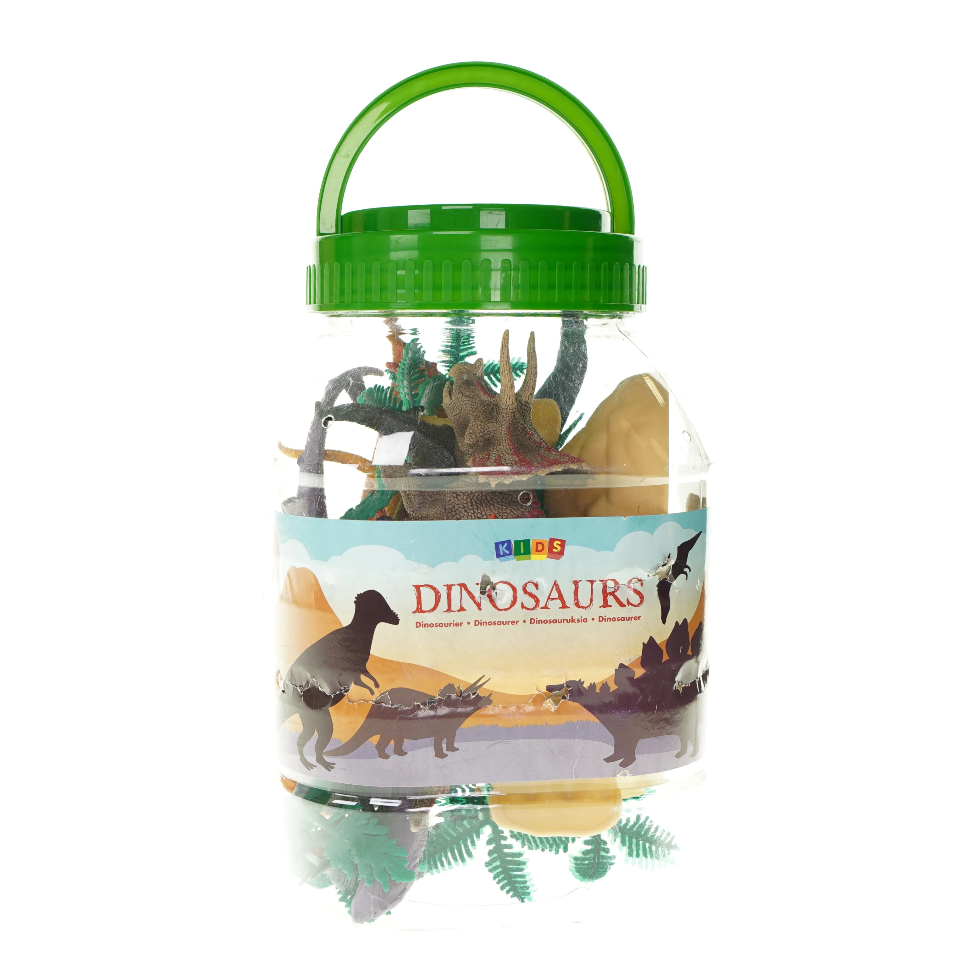 Plastbeholder med dinosauere og tilbehør fra Biltema
