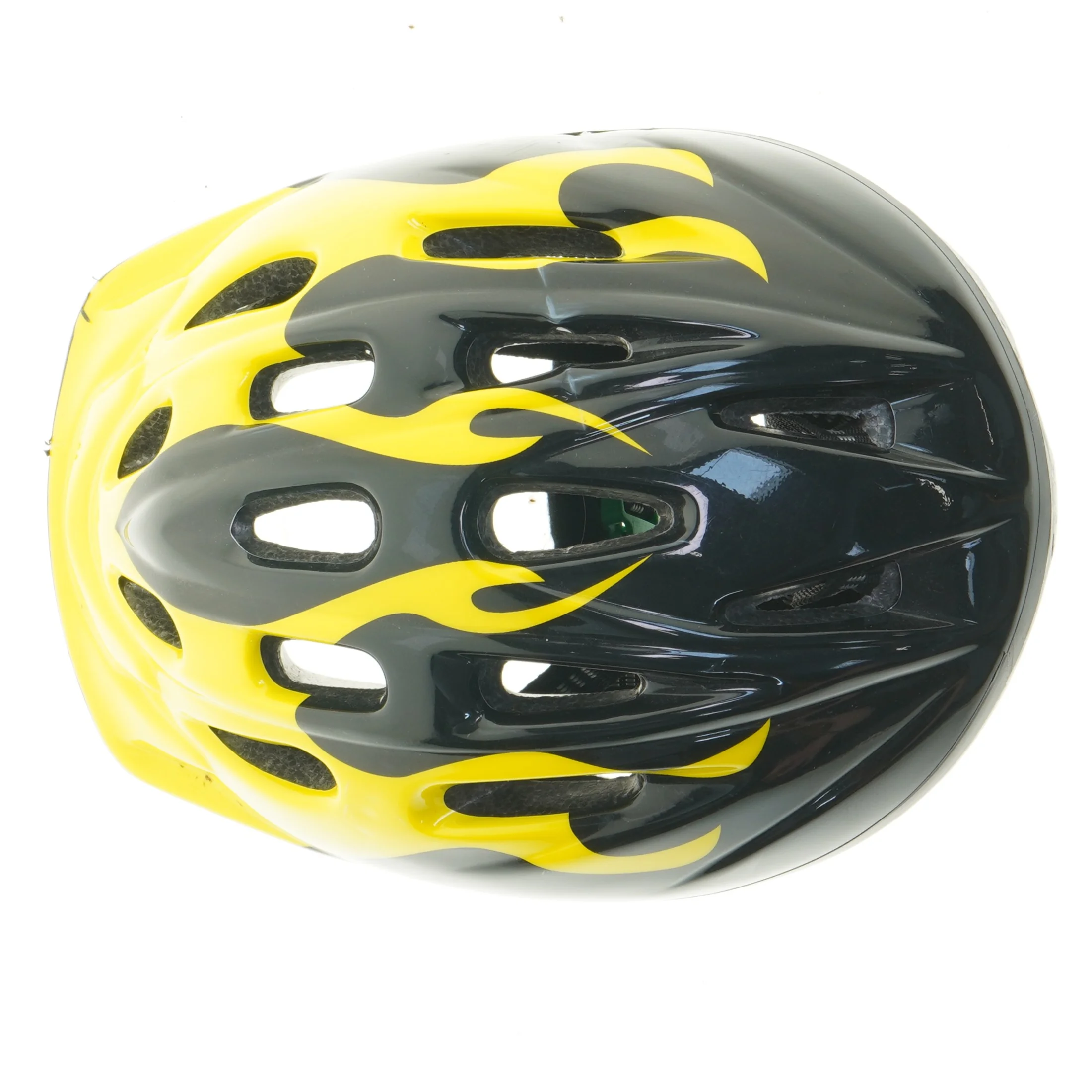 Cykelhjelm med gul og sort flamme design fra Biltema (str. m)