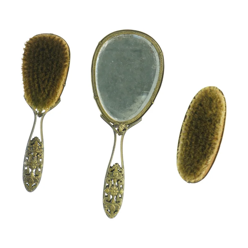 Antikke børster og spejl sæt (str. 28 x, 11 cm og 24 x 7 cm og 14 x 6 cm)