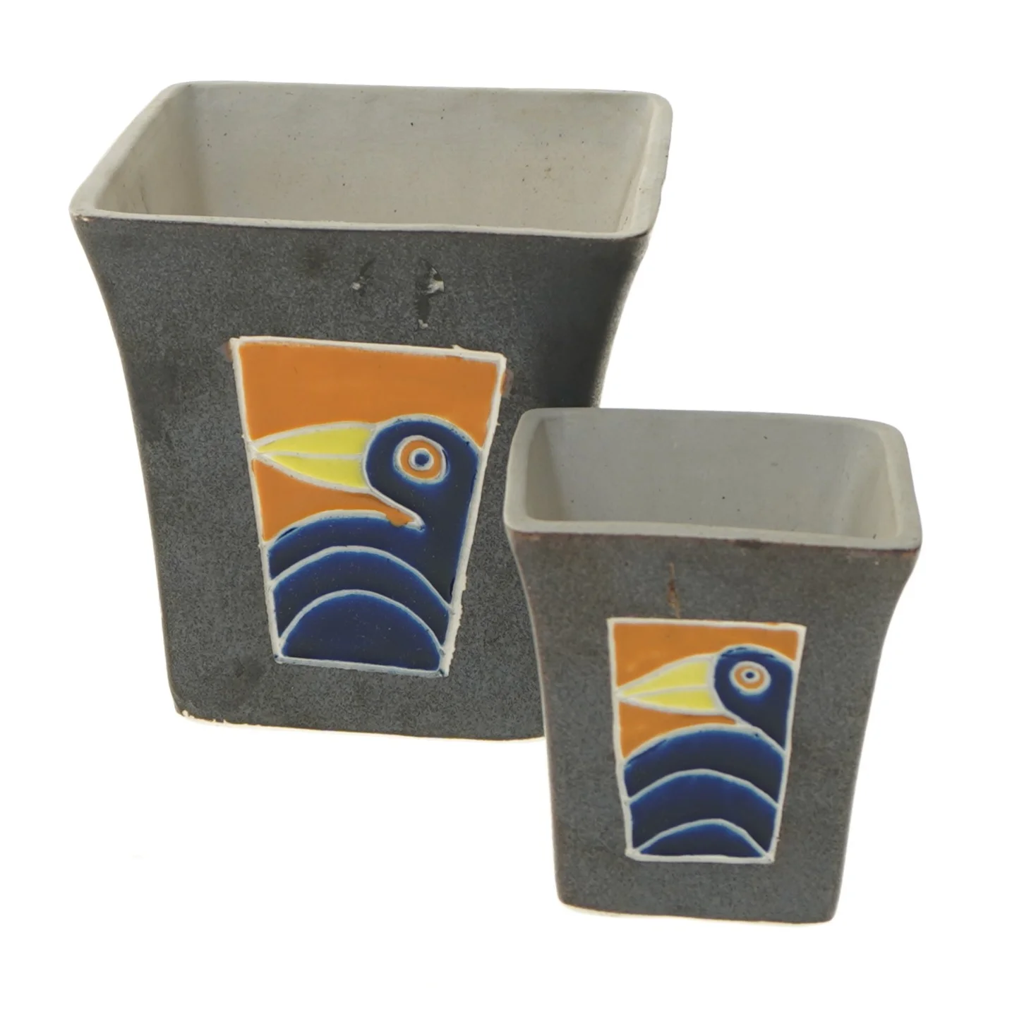 Keramiske urtepotter med fuglemotiv (str. 2 stk 8,5x8x8 & 12,5x12,5x12,5 cm)