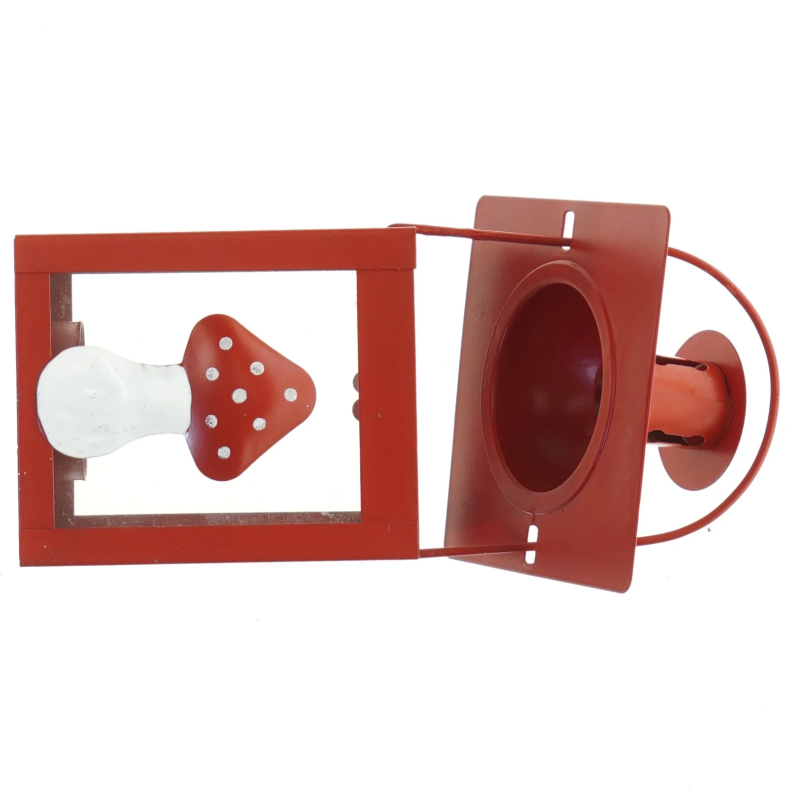 Rød jule lanterne med svampedekoration (str. 9,5x15 cm)