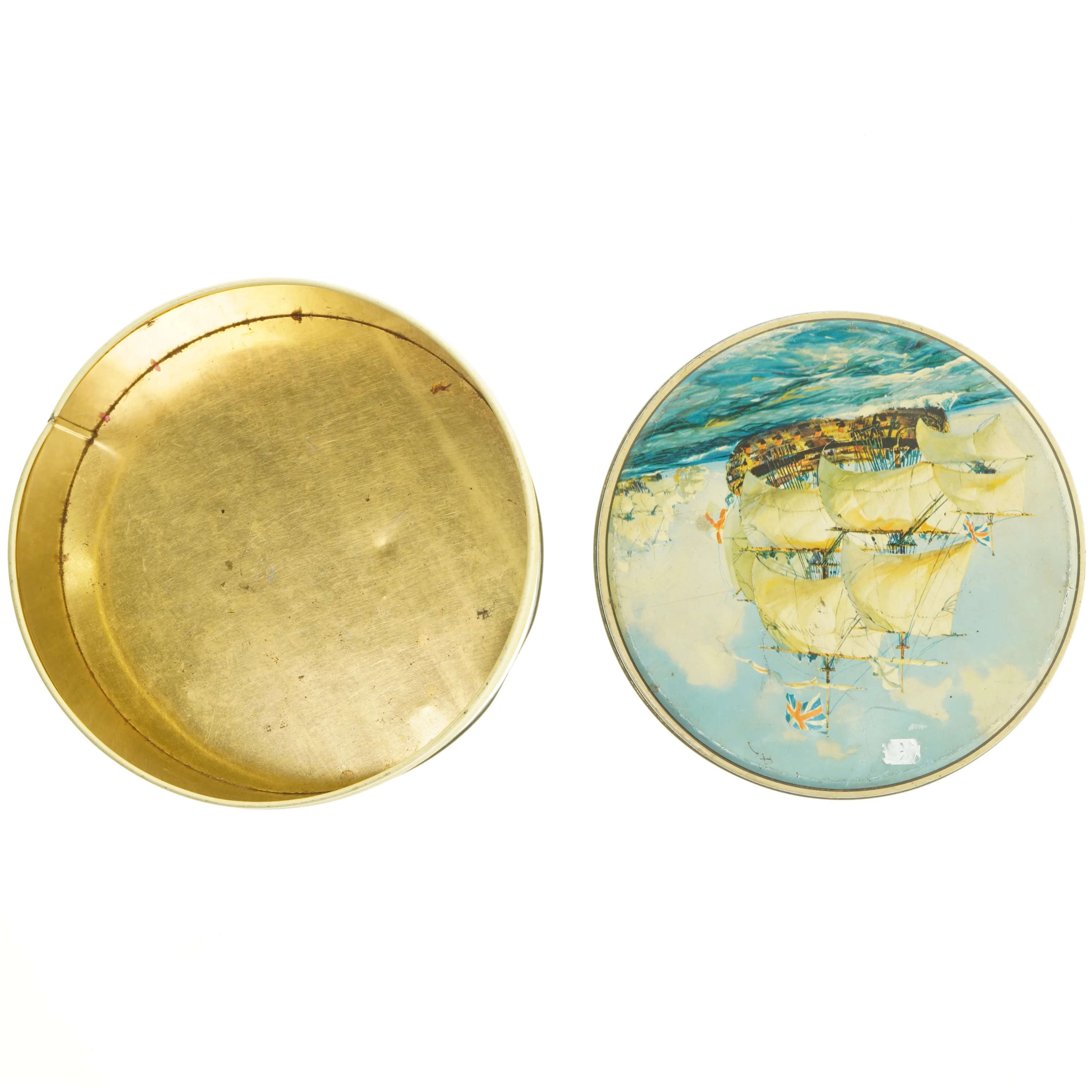 Vintage metal blikdåse med skibsmotiv (str. Ø 23. cm)