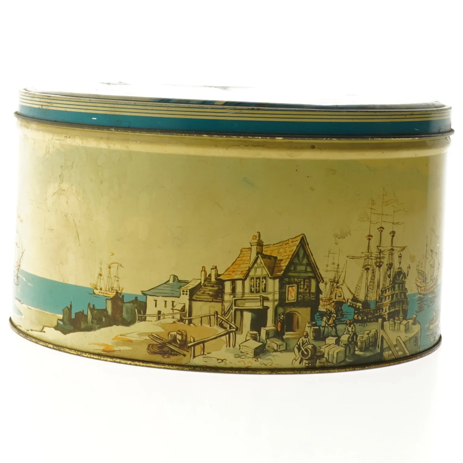 Vintage metal blikdåse med skibsmotiv (str. Ø 23. cm)