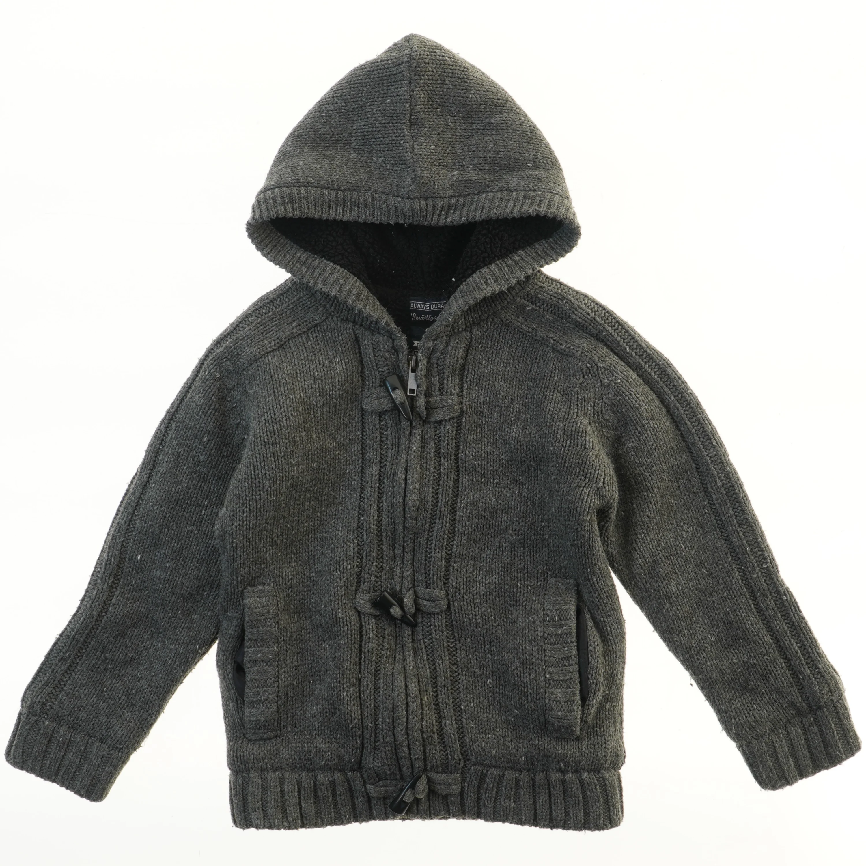 Strikket hættetrøje med lukning og lommer (str. 122)