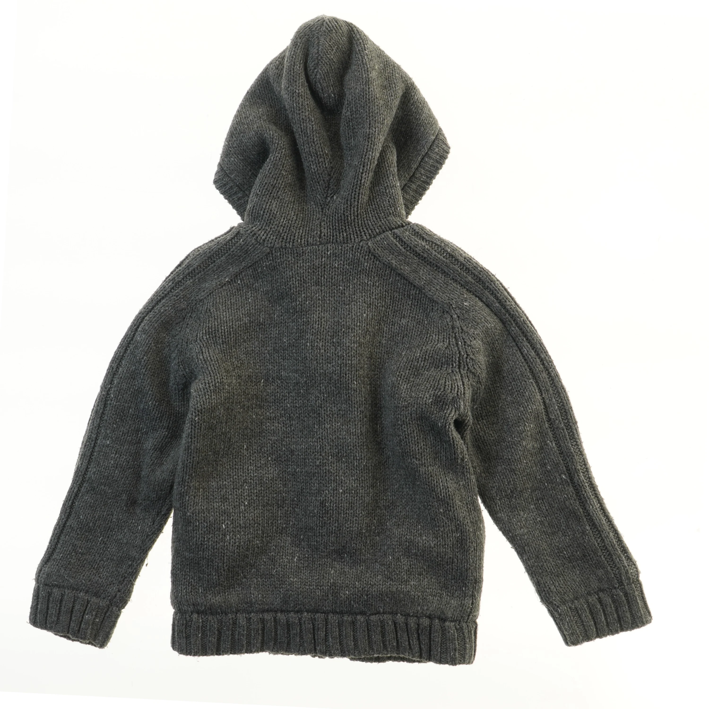 Strikket hættetrøje med lukning og lommer (str. 122)