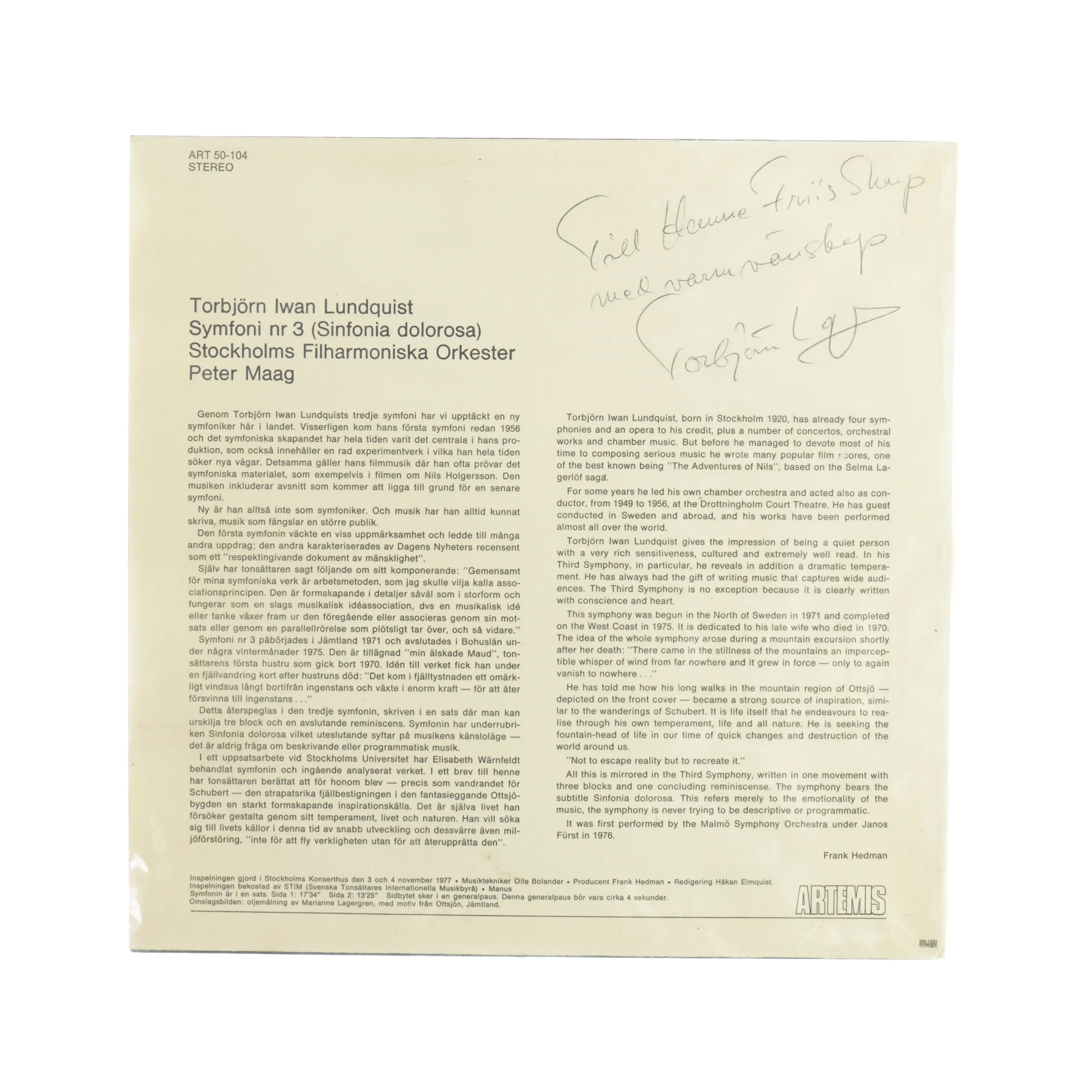 Torbjörn Iwan Lundquist symfoni nr. 3 vinylplade
