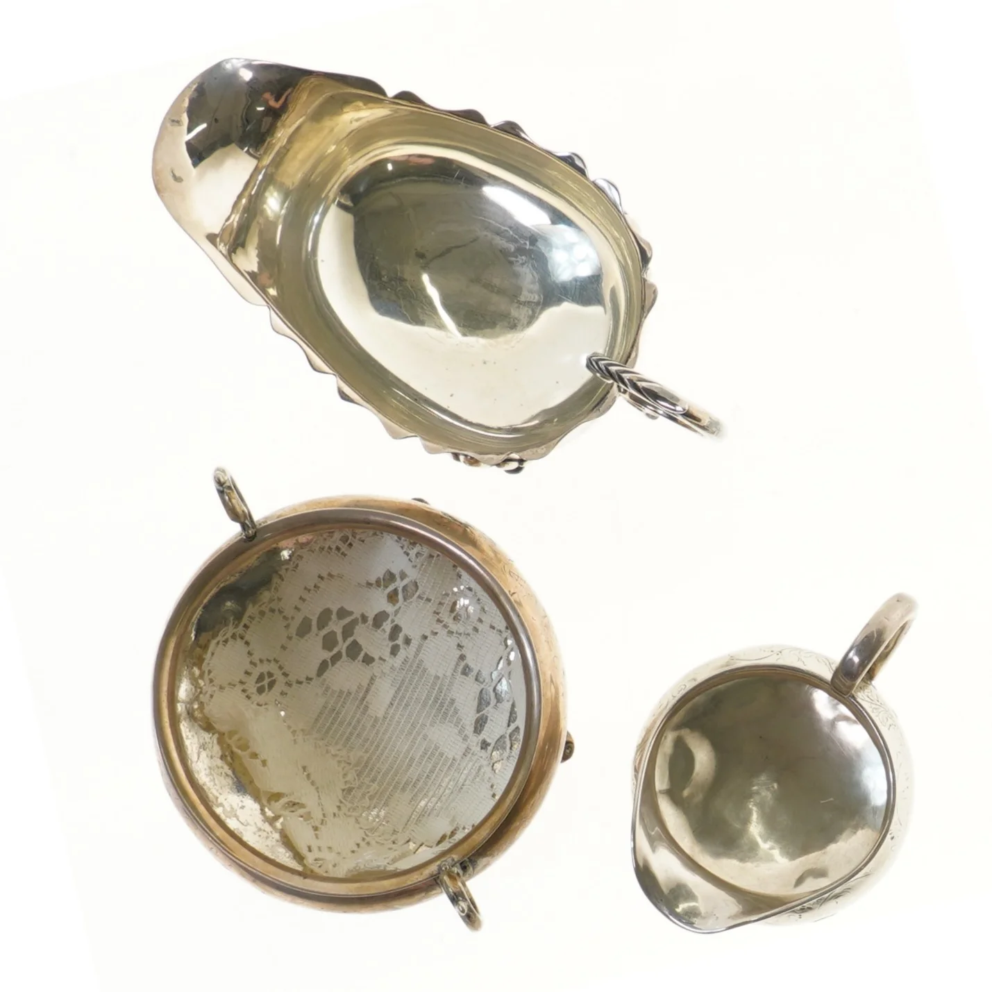 Sæt af tre vintage sølv serveringsfade (str. Ø 12 og Ø8,5 og 15 cm)