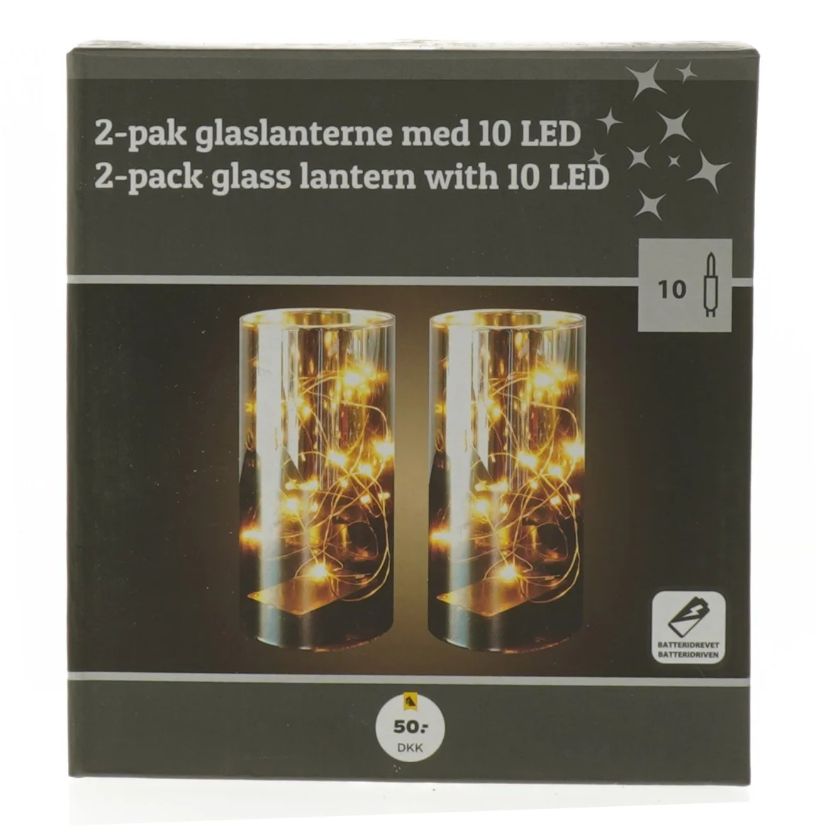 2-pak glaslanterne med 10 LED fra Netto (str. 15 cm. 2 styk)
