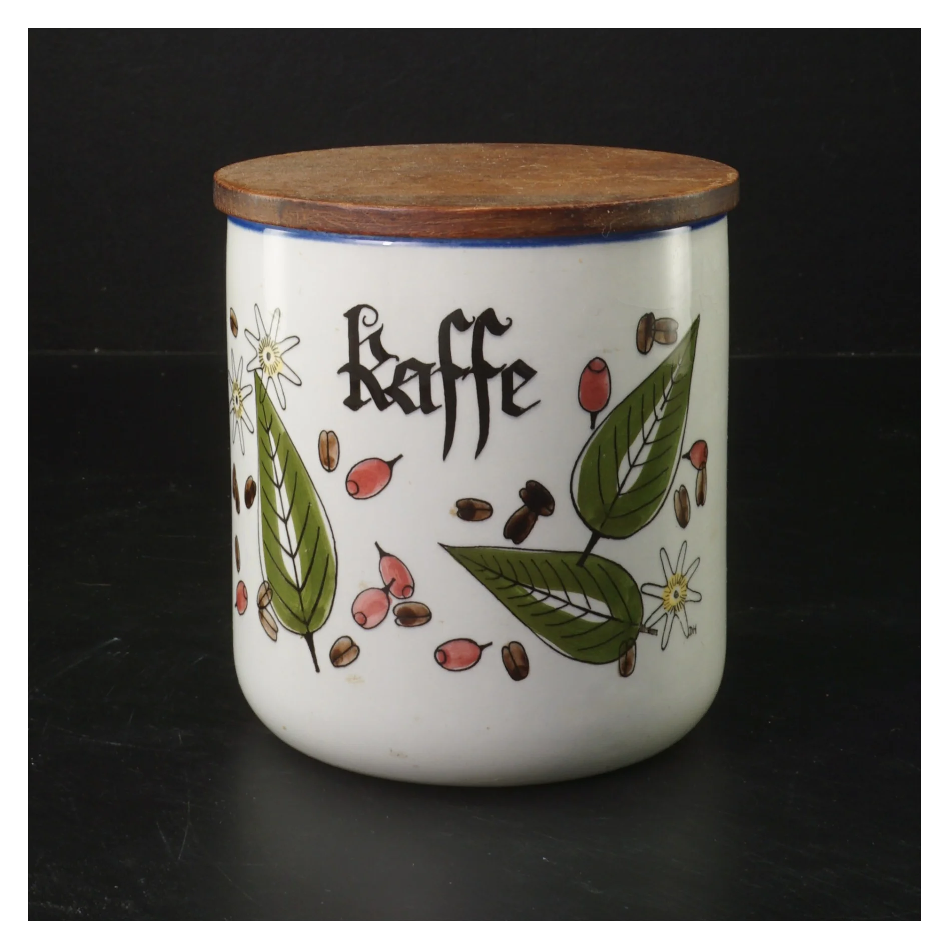 Keramisk kaffedåse med trælåg fra Knabstrup (str. Ø 12 cm, 13 cm)