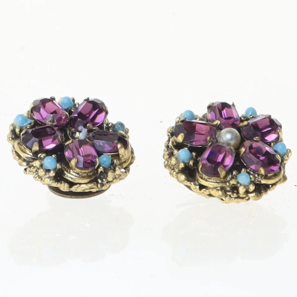 Blomsterformede øreringe med lilla og blå sten (str. Ø 2 cm)