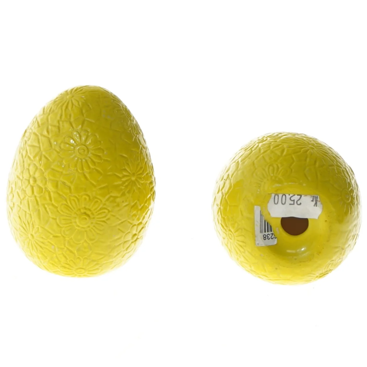 Gule keramiske æg med blomsterdesign, 2 stk (str. 2 stk 9,5 cm)