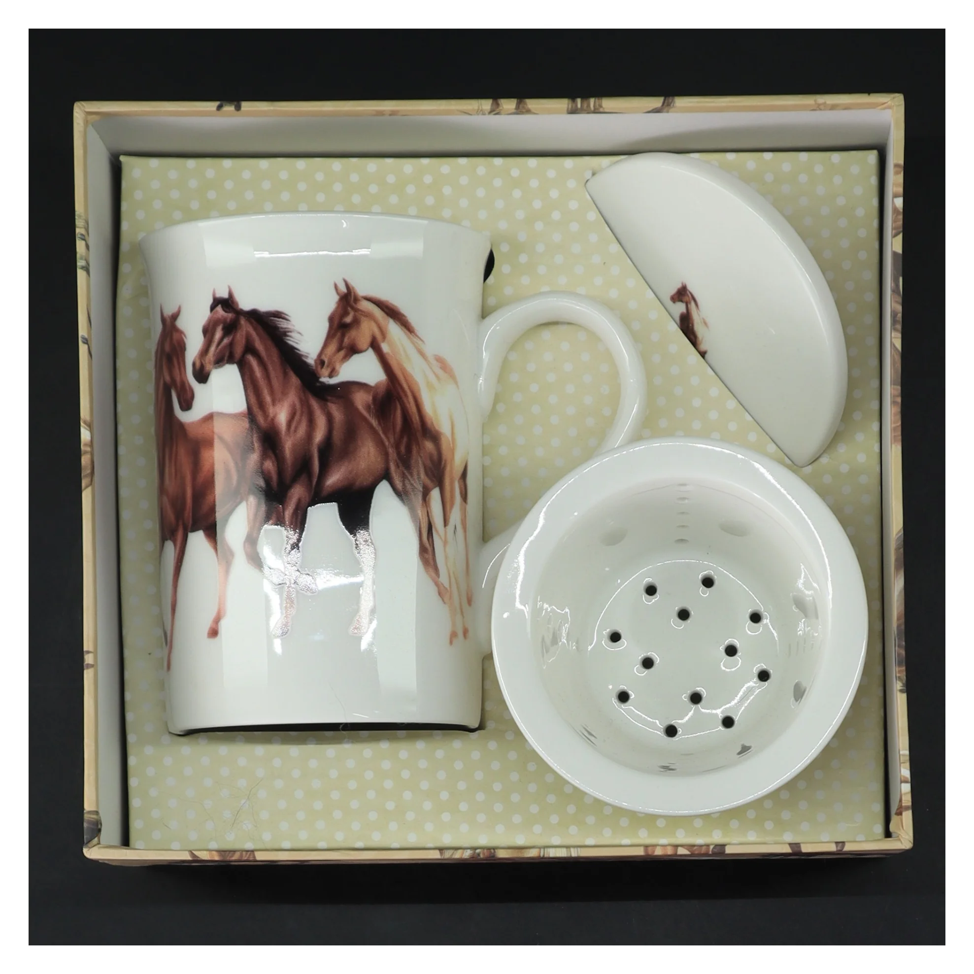 Tefilterkop med hestemotiv (str. Ø 7,5 cm længde 11 cm)