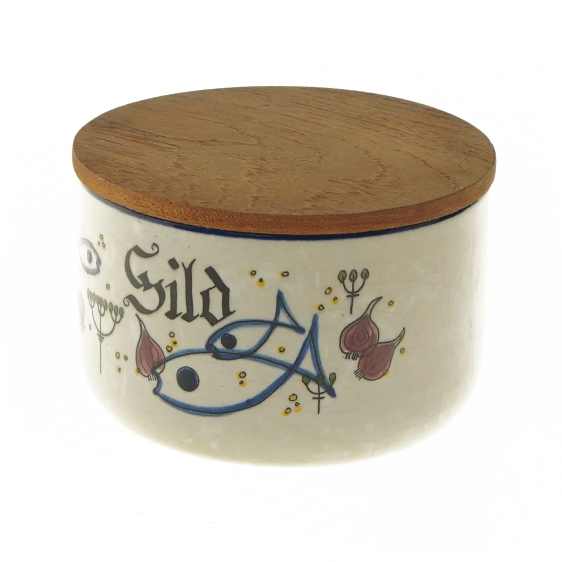 Keramik krukke med trælåg fra Knabstrup (str. Ø 13x8,5 cm)