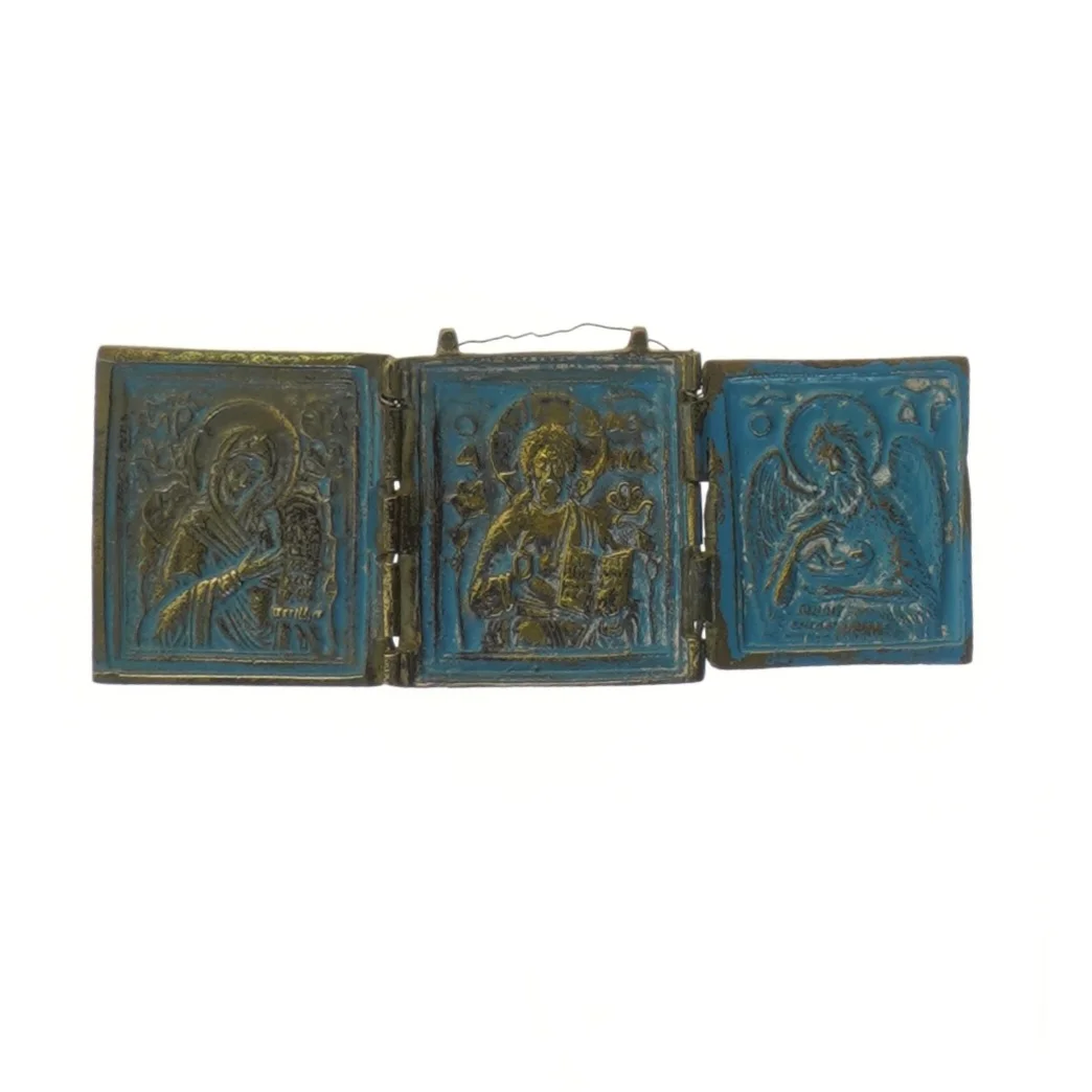 Religiøs triptykon metal ikon (str. 7x6,5 cm)