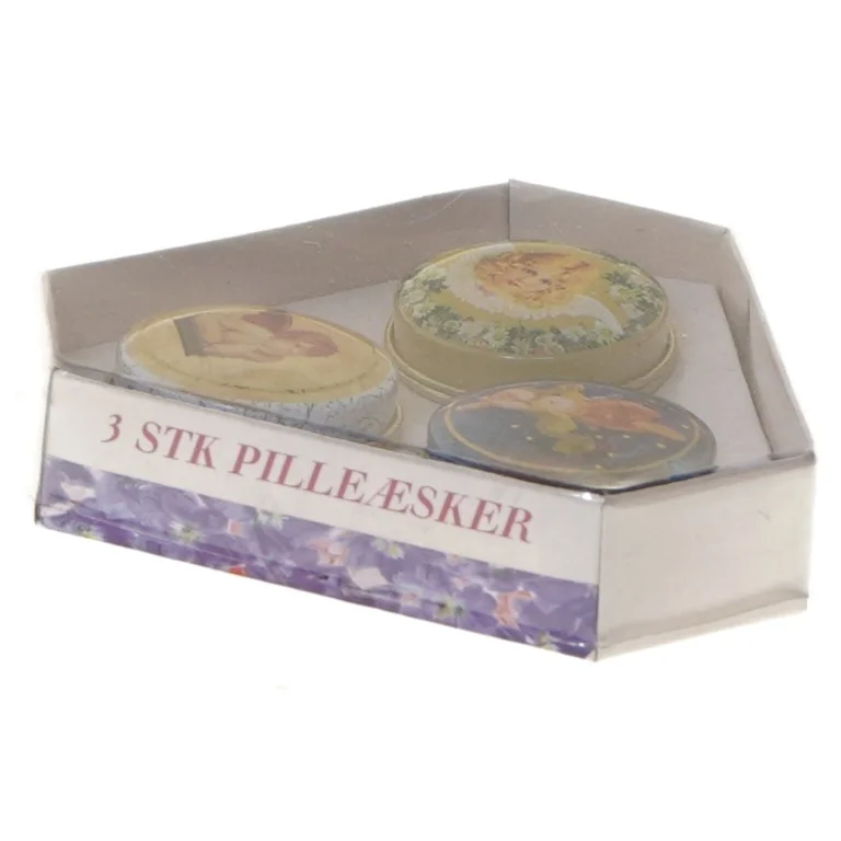 Sæt med 3 pilleæsker med englemotiver (str. Ø ca. 4 cm)