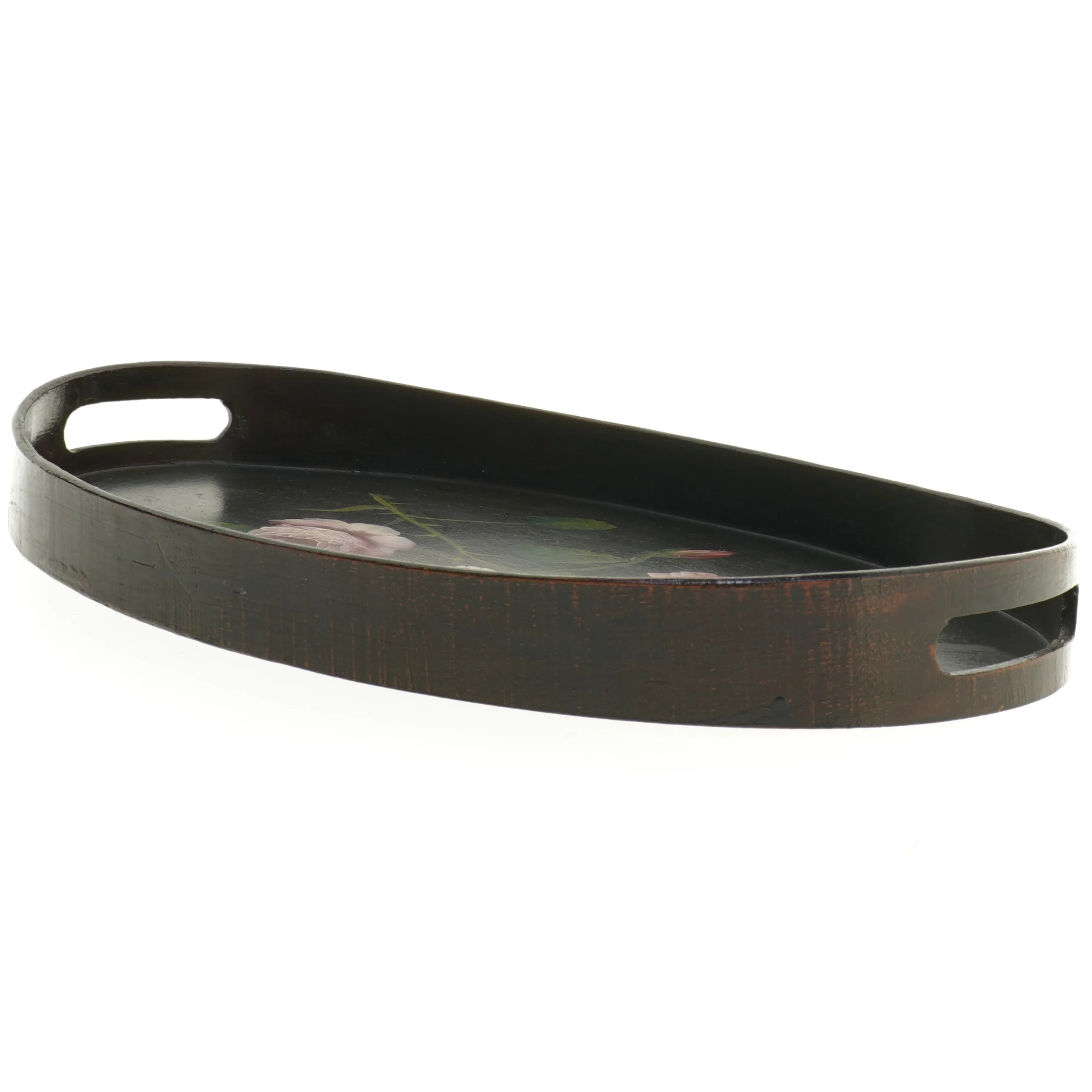 Oval træbakke med blomstermotiv (str. 41,5 x 27 x 4,5 cm)