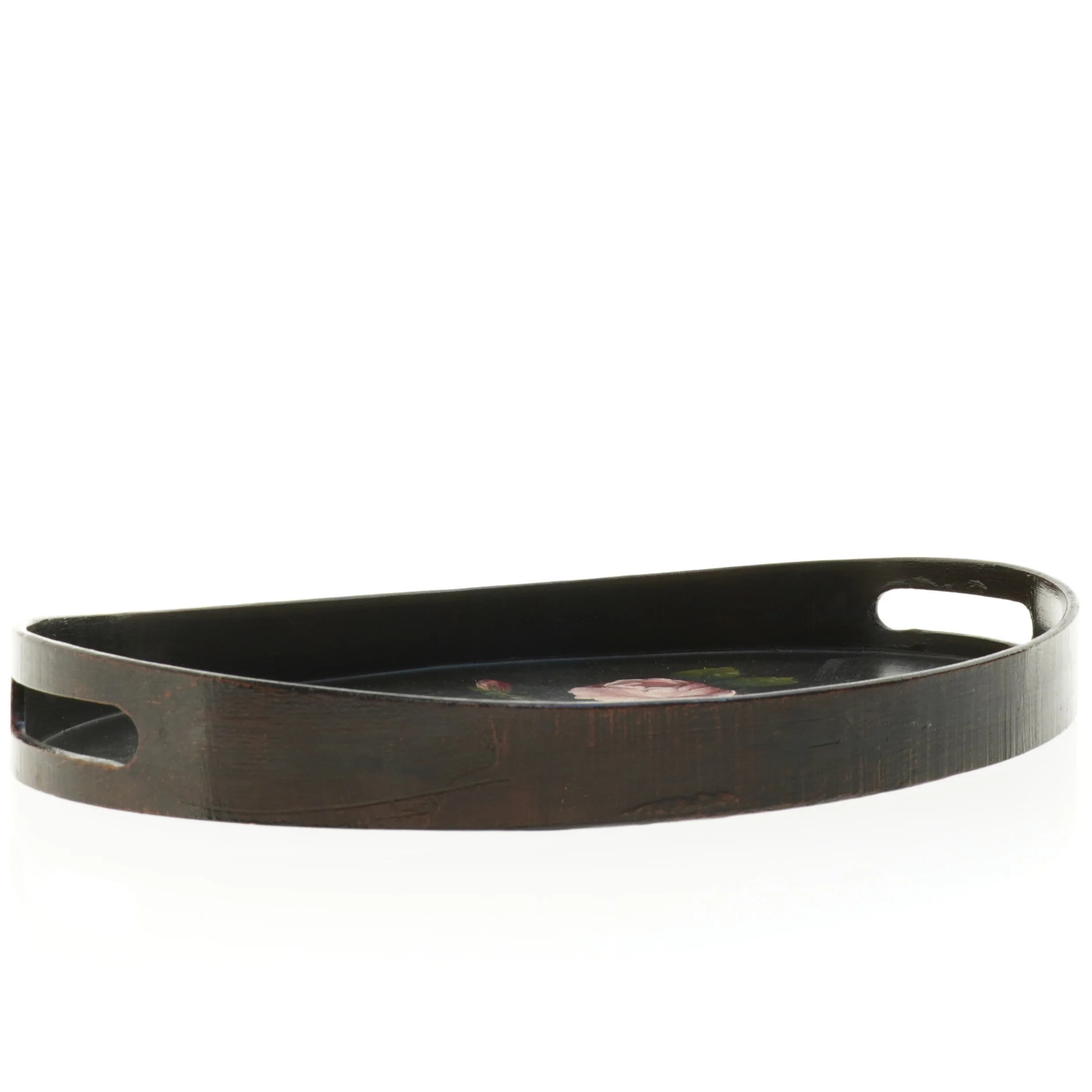 Oval træbakke med blomstermotiv (str. 41,5 x 27 x 4,5 cm)