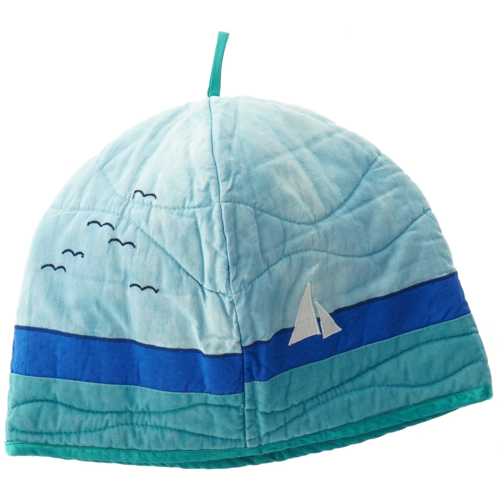 Tehætte, håndlavet med applikation og broderi (h 27 cm, omkr 68 cm)